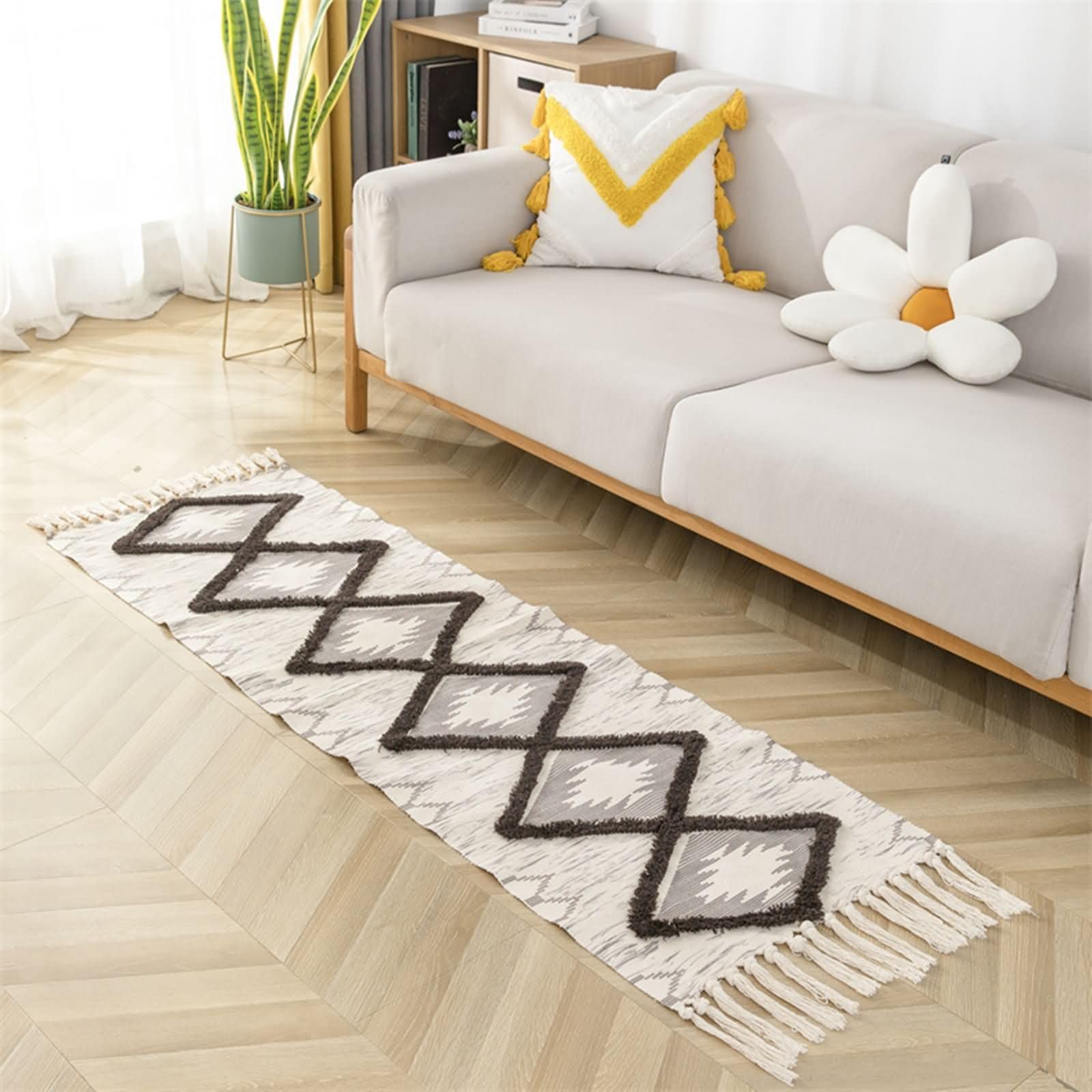 Tappeti Corridoio Lungo, 60x180CM +20CM Policotone Rettangolare Tappeto Soggiorno Lavabile, Rombo con nappe, Beige Grigio Cachi, Stile 3