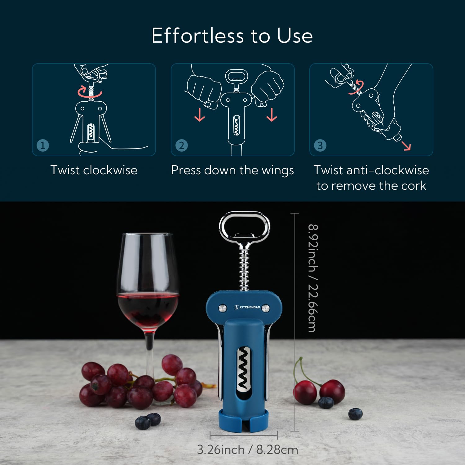 KITCHENDAO 3 en 1 alas sacacorchos abridor de vino (azul)