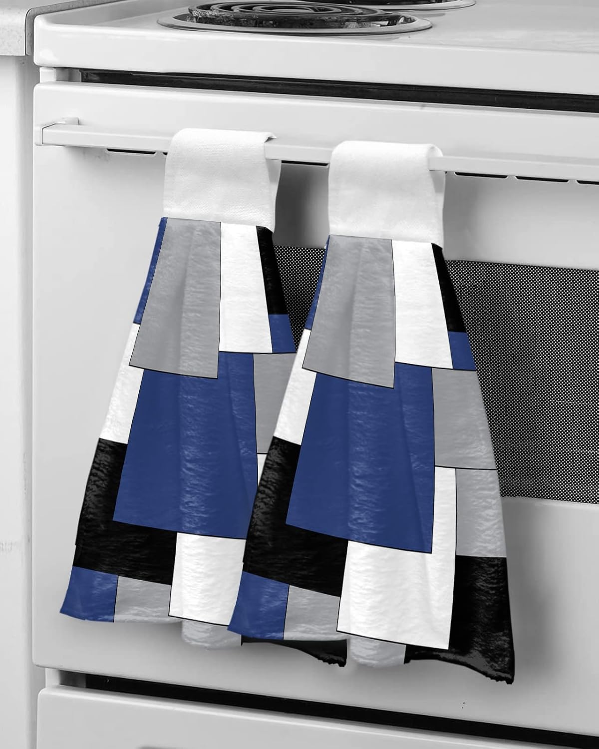 Navy Blue and Black Modern Color Block Kitchen Hand Towels with Hanging Loops,Geometric Gray White Patckwork Plaid Super Soft Thick Fingertip Dry Microfiber Tie Dish Towel Cleaning Washcloth Set of 2