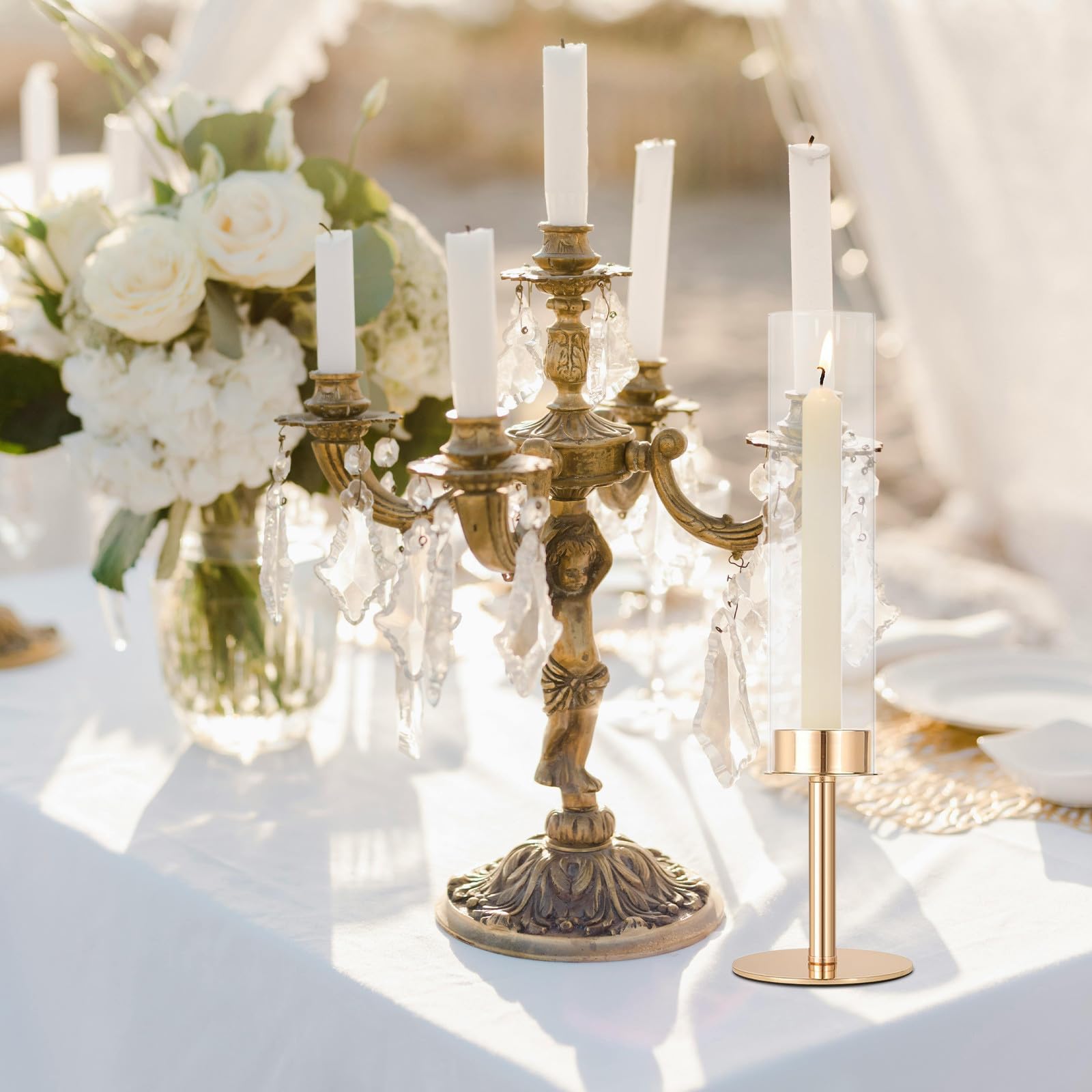 DOITOOL 3 Stück Eleganter Metallkerzenständer mit Glasabdeckung in Gold für Hochzeitstischdeko Stabil und Leicht zu Reinigen als Party und Hochzeitsfeier Tischdekoration