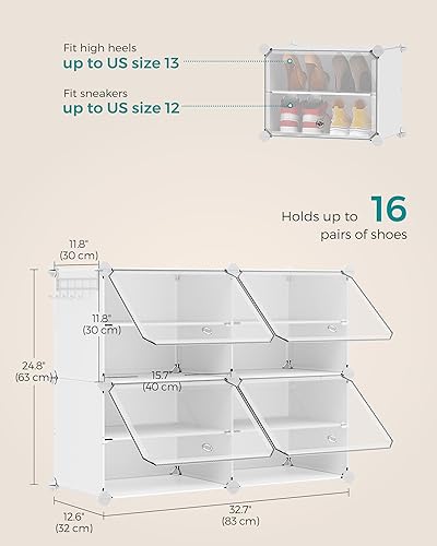 Miniatura 3 de SONGMICS Zapatero, organizador de zapatos de 4 cubos con puertas, 16 pares de gabinete de almacenamiento de zapatos de plástico, para dormitorio,