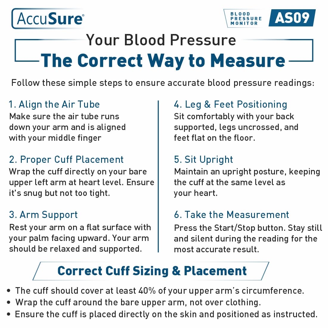 Diagram illustrating the correct way to measure blood pressure with the AccuSure AS9, showing arm alignment, cuff placement, arm support, leg and feet positioning, and sitting upright.
