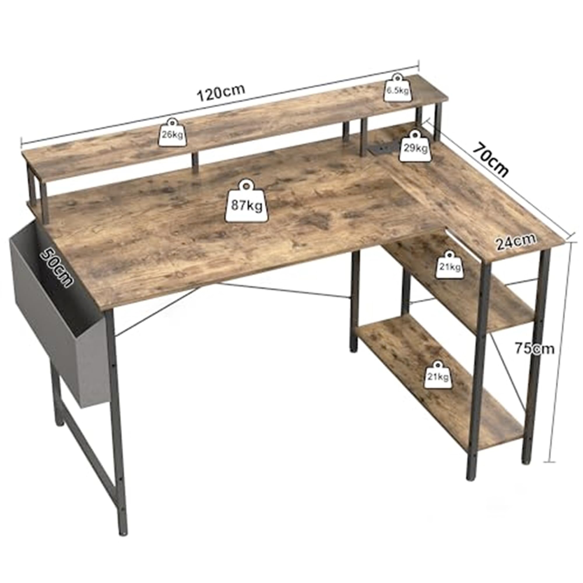 BEXEVUE Scrivania Angolo con LED Ciabatta - 120x70cm Grande Tavolino Computer Forma L Ripiani Portaoggetti, Scrivania Angolare Reversibile Gaming Informatica, Studio Gioco Lavoro Casa Camera da Letto