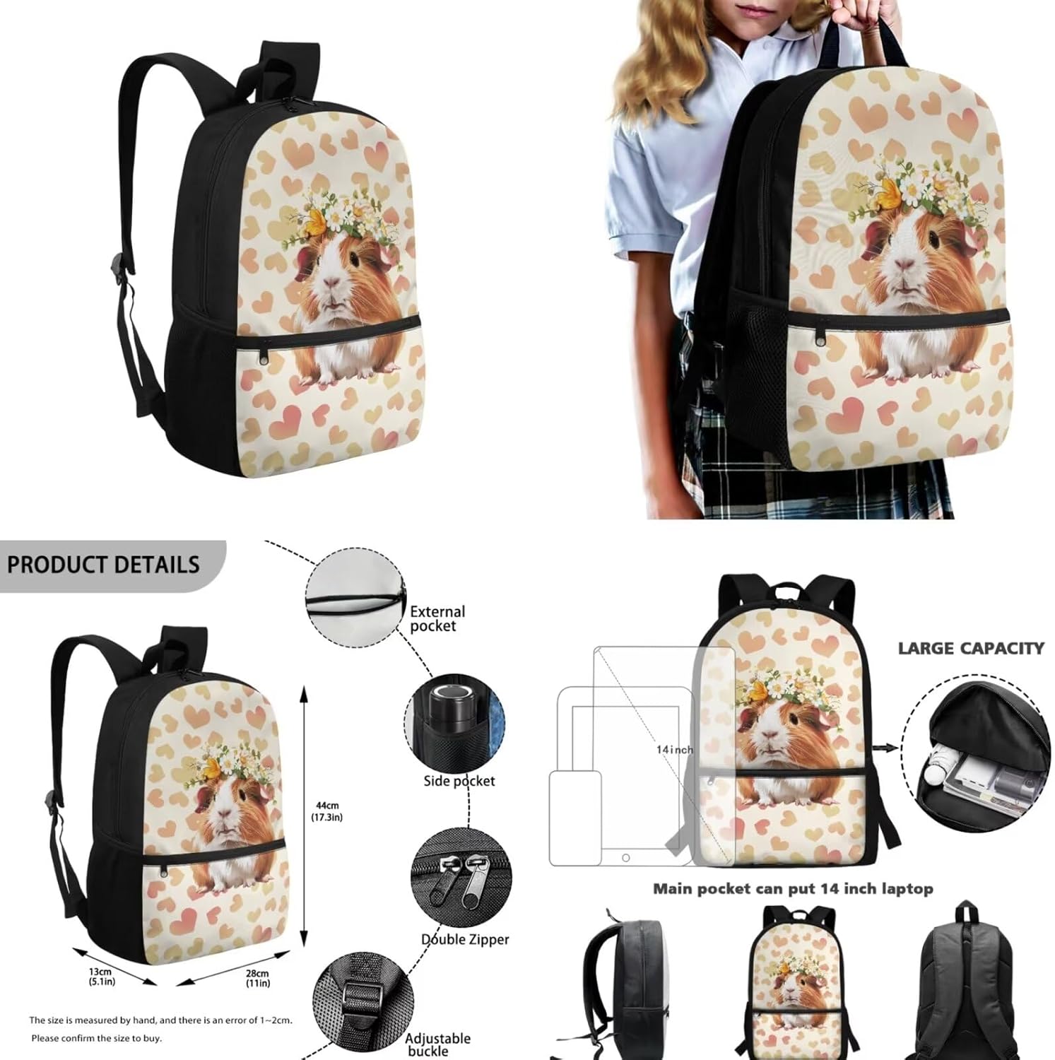 Cute Guinea Pig School Backpack Set 4Pcs Kids Backpack For Girls with Lunch Bag Pen Bag and Water Bottle Case Cover Set School Backpacks with Compartments for Girl Kid Students