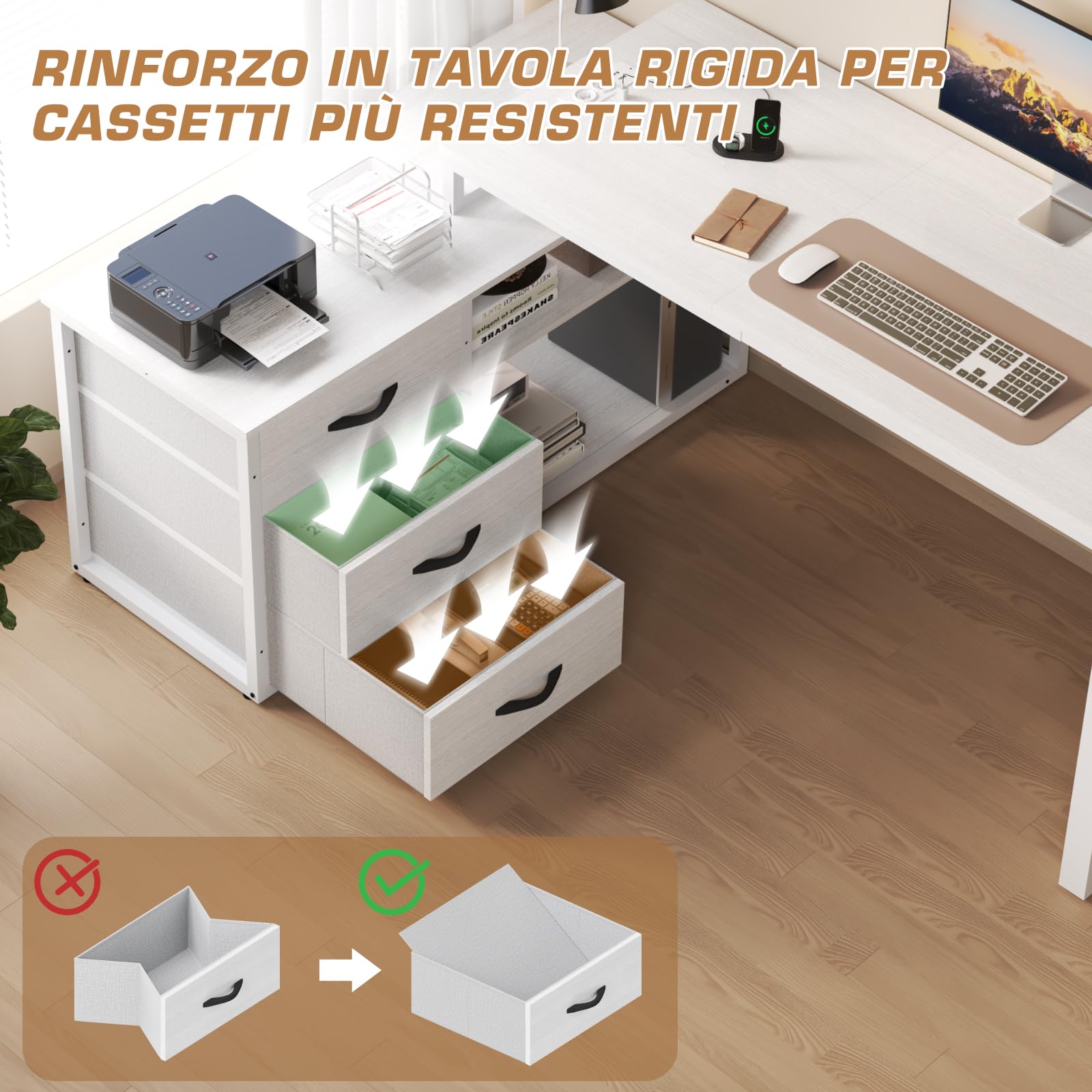 TRIUMPHKEY Scrivania Angolo per Computer 140x105x75cm, Forma di L Con 3 Cassetti, 2 Porte USB e 2 Prese di Corrente, per Casa Ufficio, Bianco