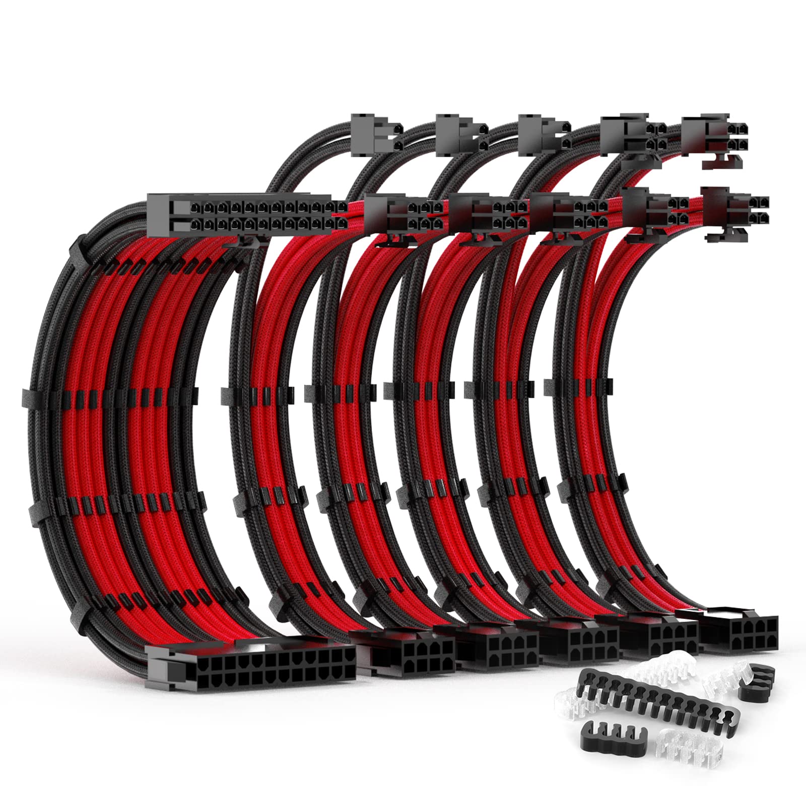 Kit d'extensions de câble d'alimentation 30 cm de long avec deux ensembles de peignes de câble, 1x24 broches/2x8 broches (4+4)/3x8 broches (6P + 2P) câbles PC pour alimentation ATX (noir/rouge)