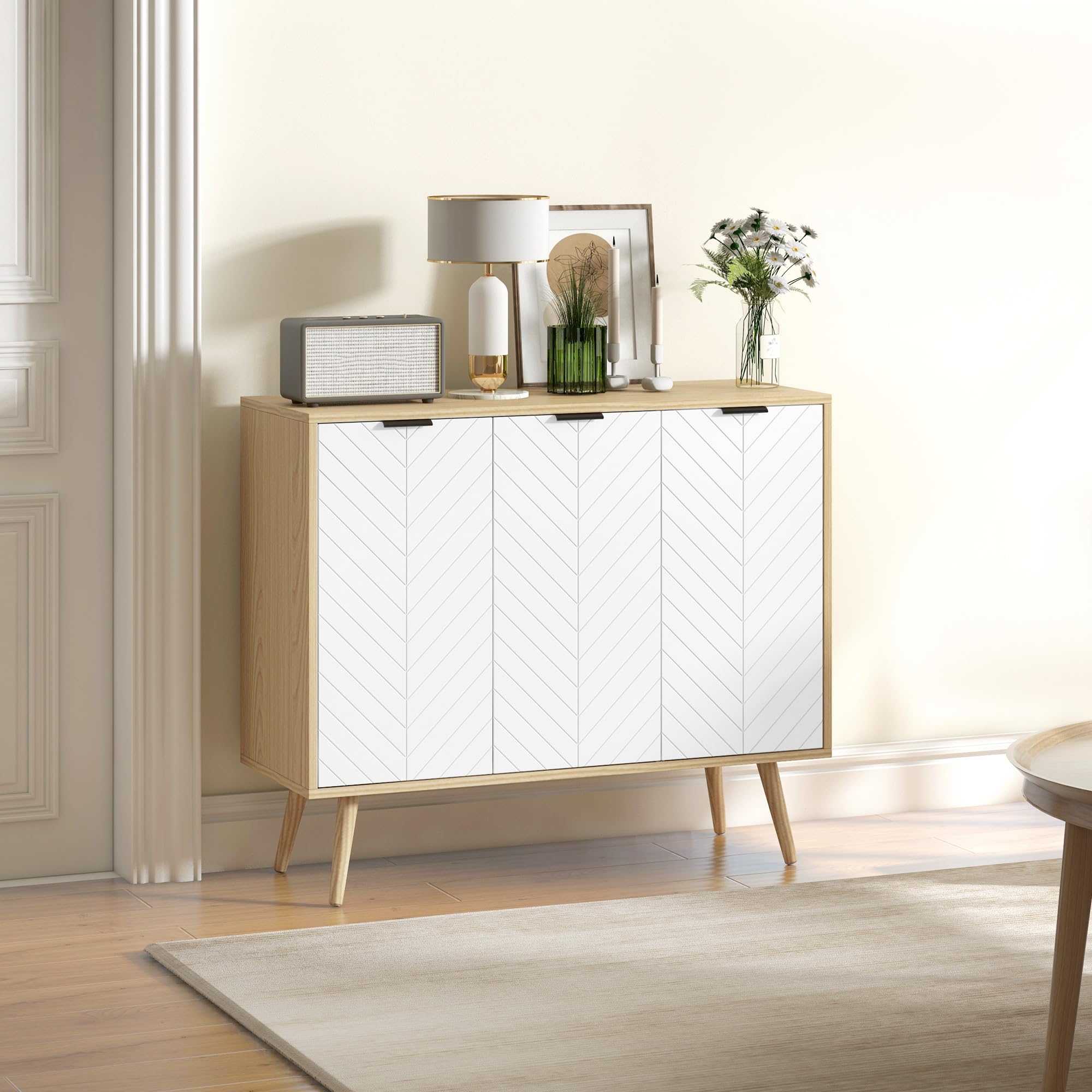 HOMCOM Buffet Salon, Meuble de Rangement avec 3 Portes et étagère réglable, Pieds en Bois de pin, Buffet Salle à Manger Cuisine et Chambre, 91,5 x 35 x 77,4 cm, Blanc et Bois Naturel