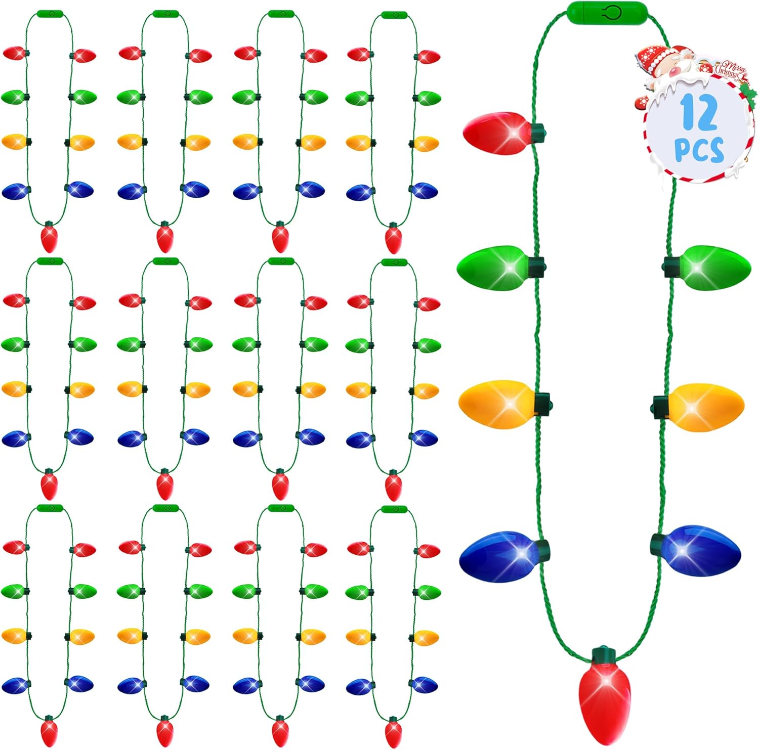 12PCS Christmas Lights Necklace, Light up Red Yellow Blue