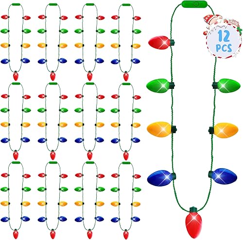 12 collares de luces de Navidad, collar con luz roja, amarilla, azul y verde, para mujeres y hombres, 9 bombillas brillantes, collar de Navidad,