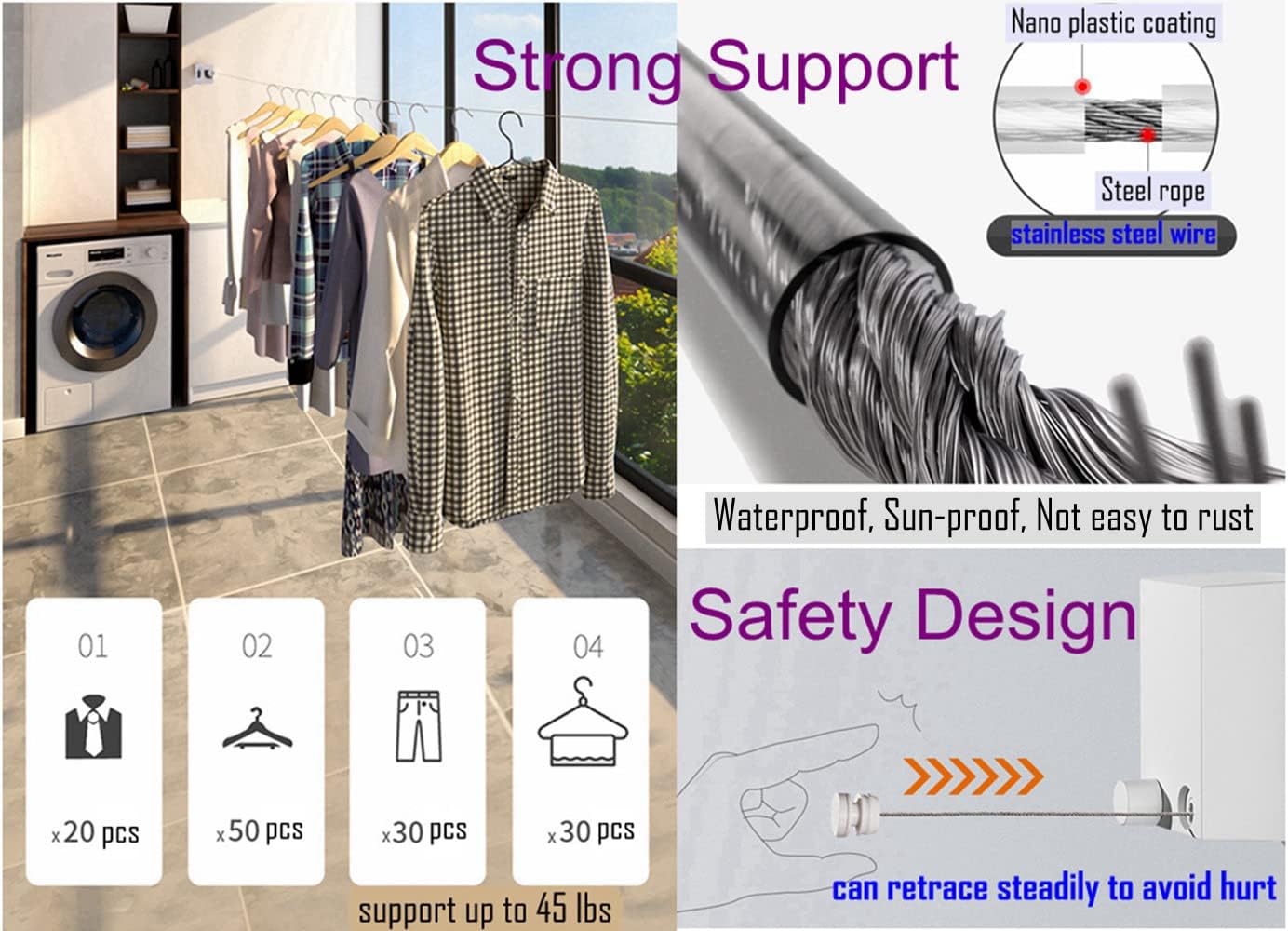 Retractable Clothesline Clothes Line Retracting Outdoor/Indoor, Heavy Duty Stainless Steel Adjustable Drying Rope Wire Dryer with ABS case+Aluminum, Self Adhesive Wall Mount Upgrade Knob White