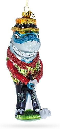 Miniatura 6 de Adorno navideño de vidrio soplado de tiburón jugando golf