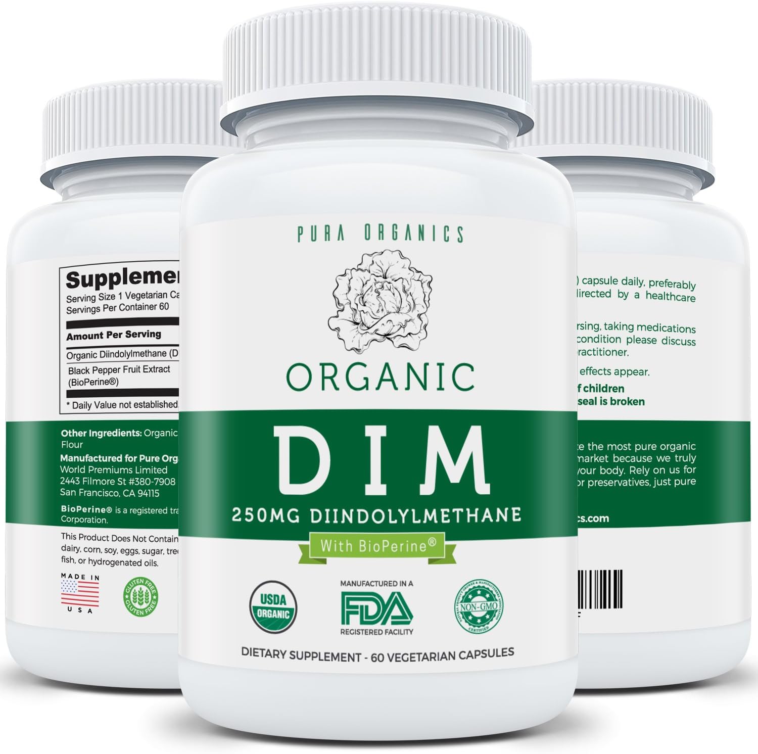 Organic DIM 250MG (Diindolylmethane) Plus BioPerine For Maximum Absorption - Estrogen Blocker & Menopause Relief - Acne Supplement For Women & Men - Non-GMO- 60 Vegetarian Capsules (No Pills)