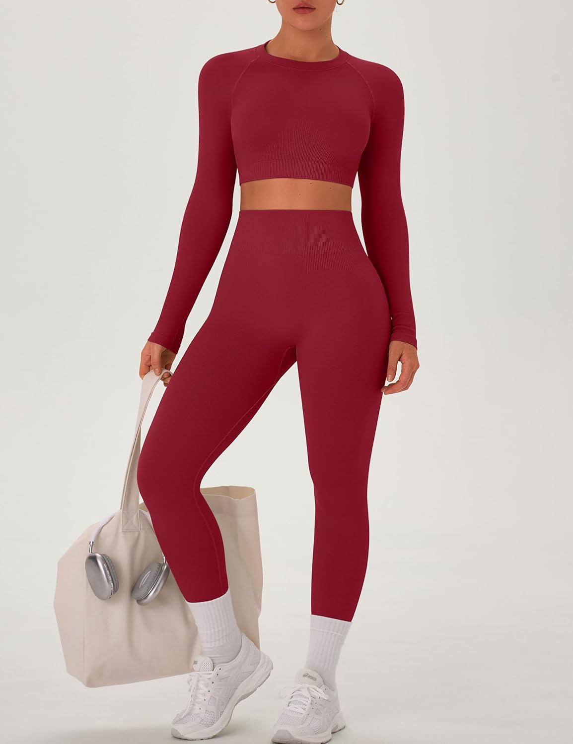 OLCHEE Womens Workout Sets 2 Piece Seamless Long Sleeve Crew Neck Crop Top Shirts Scrunch Butt Leggings Gym Yoga Outfits - Image 2