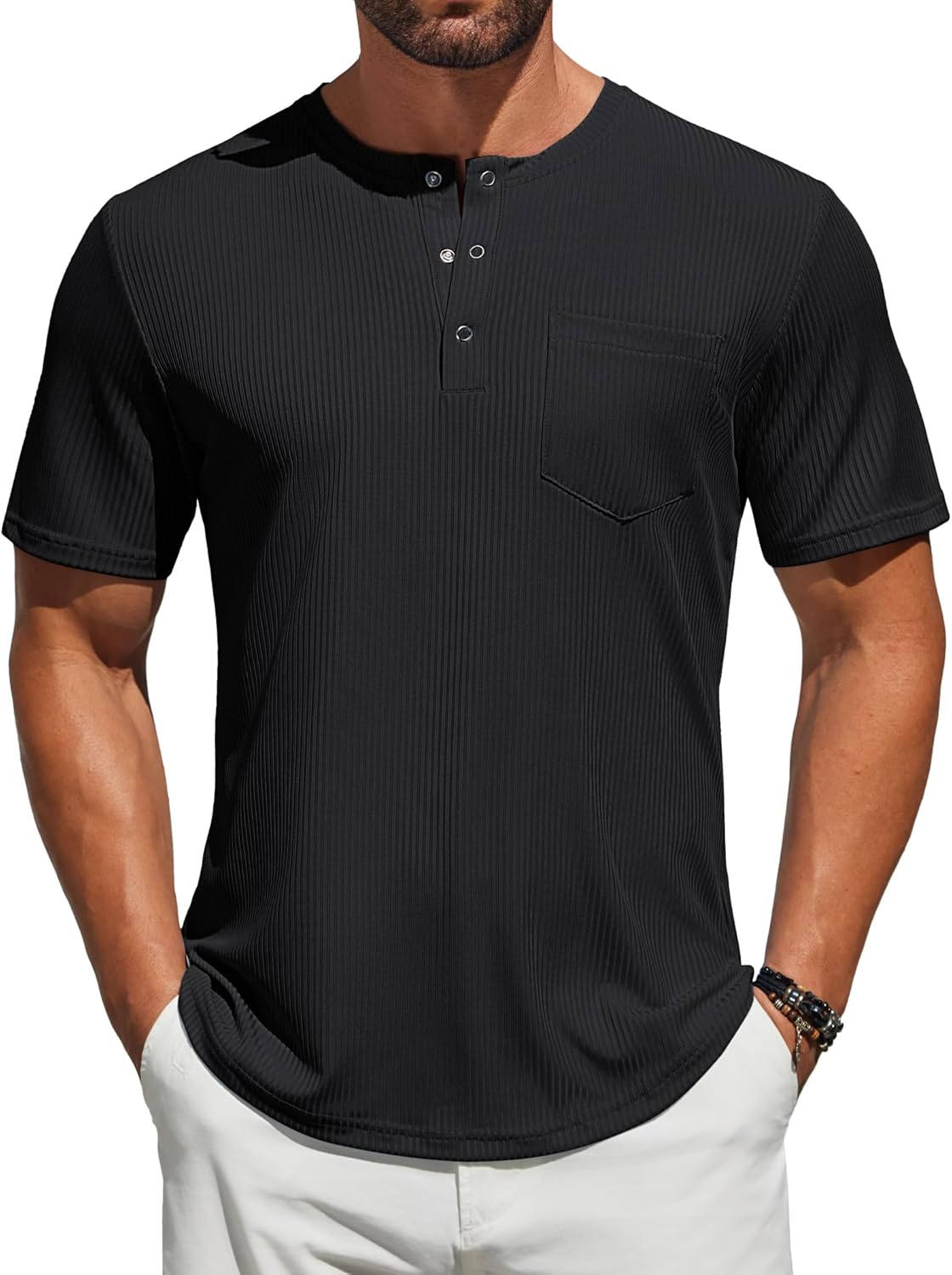 COOFANDY Mens Henley Shirts Short Sleeve Tshirt Basic Button Tees Summer Ribbed Pocket T Shirt Casual Stretch Tops