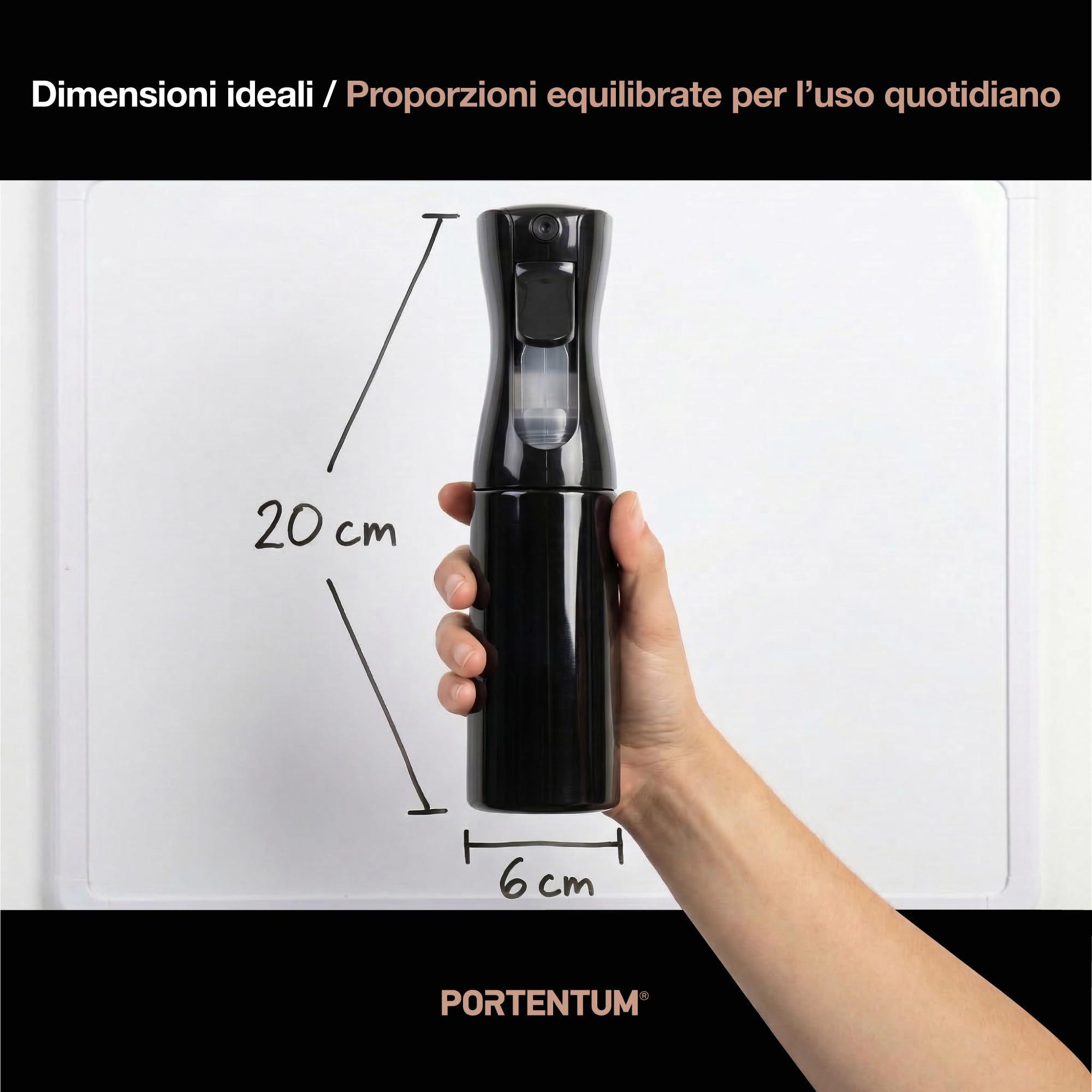 PORTENTUM Spruzzatore acqua 200 ml – Vaporizzatore ricaricabile a nebbia fine con spruzzo continuo – Design ergonomico – Spruzzino per capelli e nebulizzatore piante per casa e pulizia
