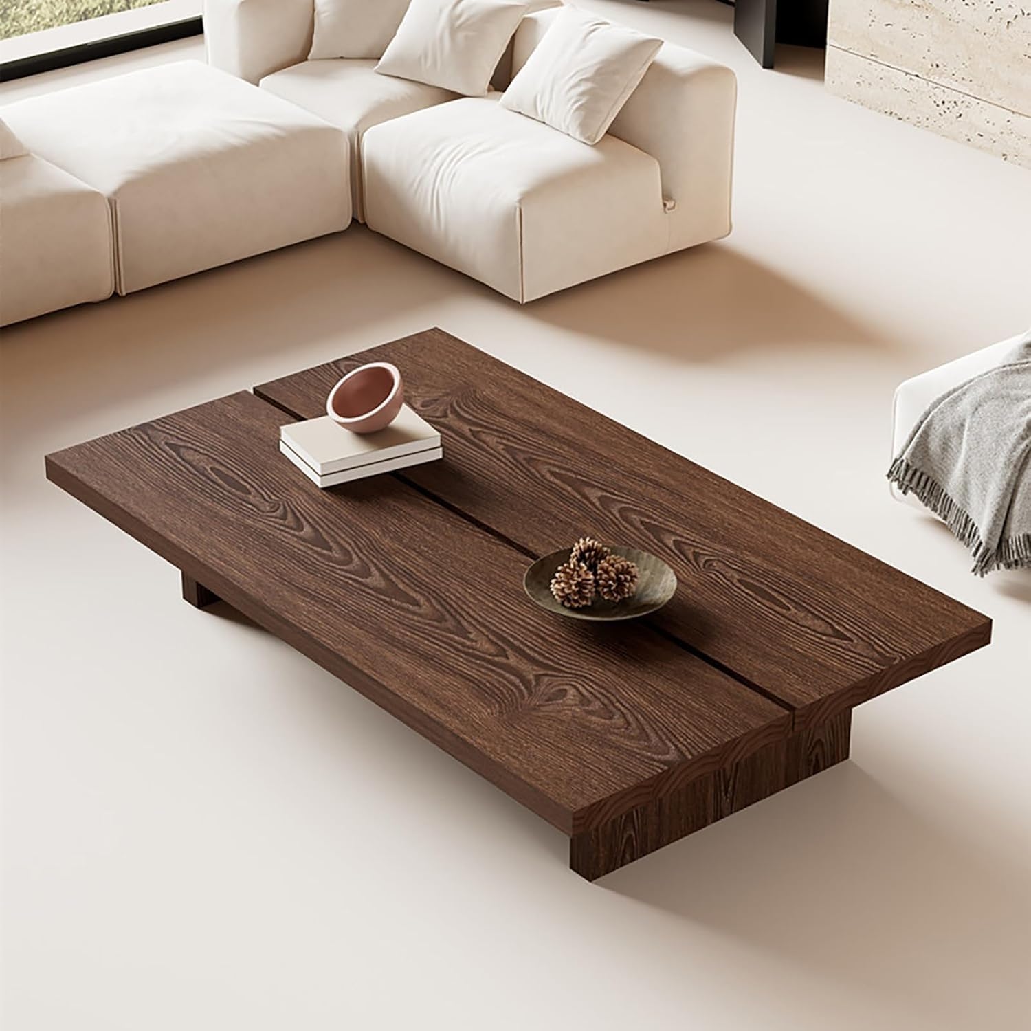 Large Rectangle Solid Wood Coffee Table, Modern Farmhouse Center Table for Living Room Office, Rustic Cocktail Tables with 2 Inch Thick Tabletop in Walnut Grain(Dark Walnut,78.7x27.6x17.7)