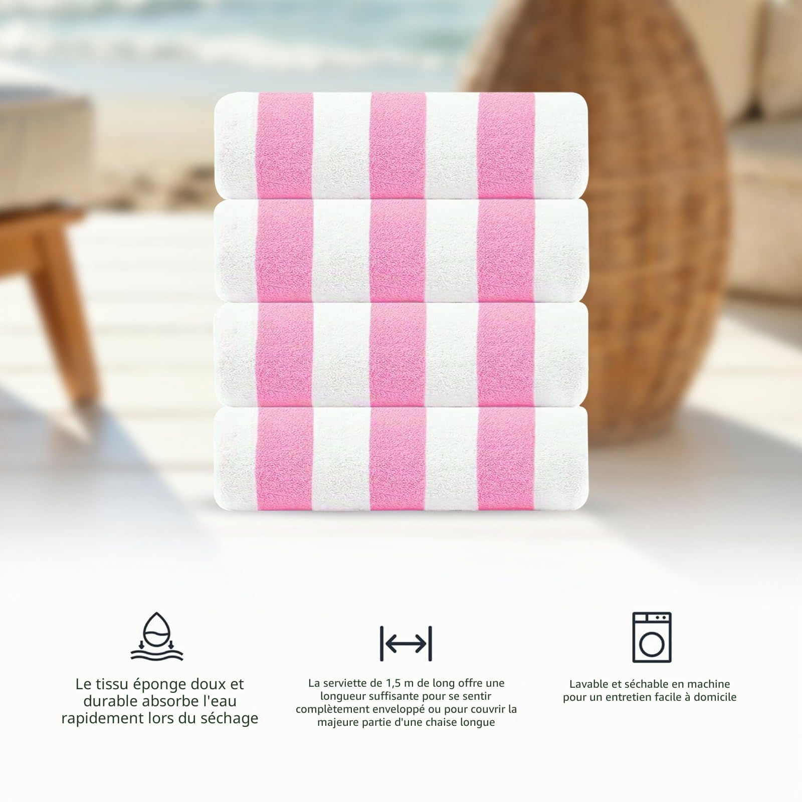 Casa Copenhagen Lot Cadeau de 4 Serviettes de Plage Cabana aux Rayures Design Rose poudré XL Taille 76x152cm 100% Coton pour Piscine et Bain Coffret pour Femmes et Hommes