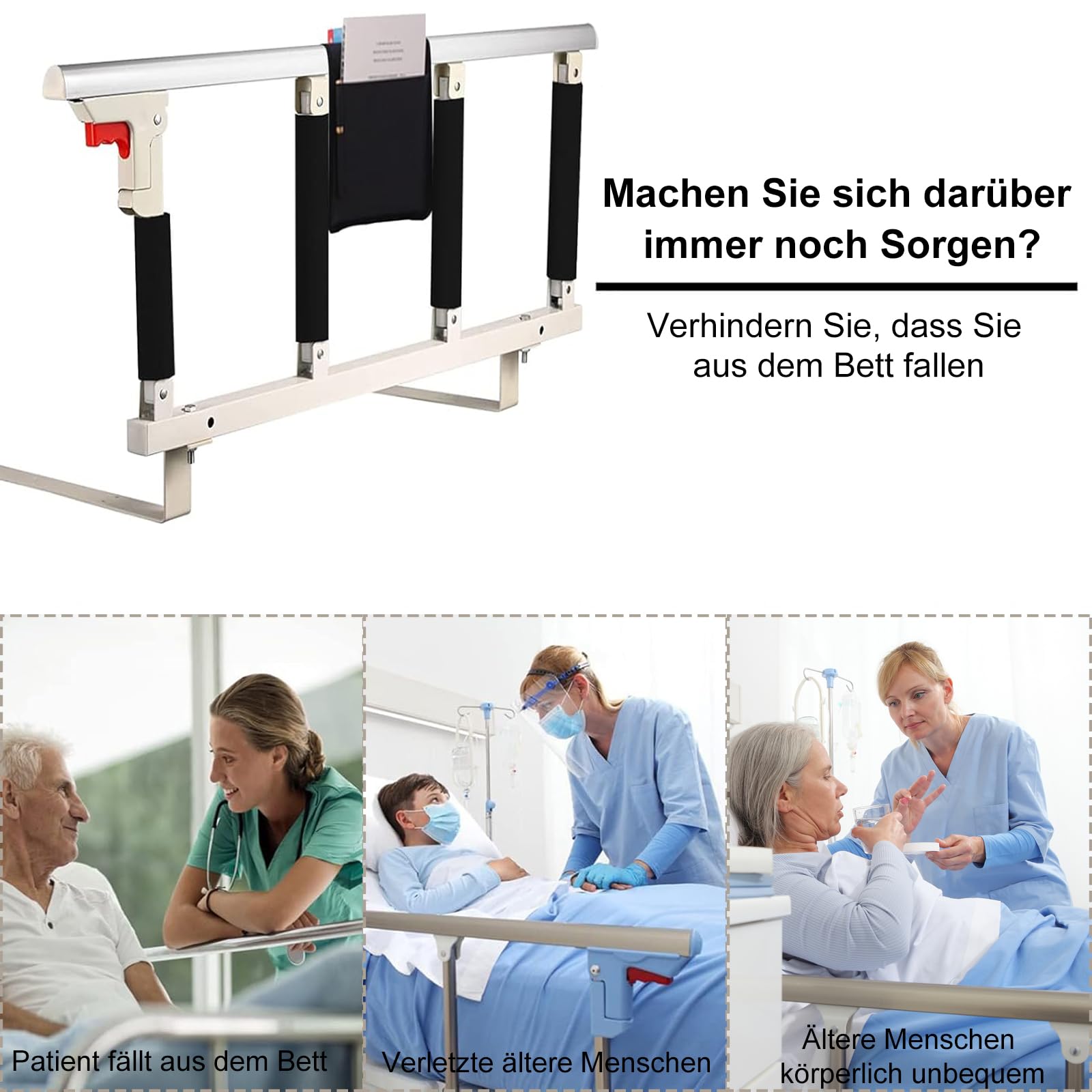 Faltbare Bettgitter-Sicherheits-Seitenschutz für ältere Menschen, Erwachsene unterstützen Griff Schutzgeländer-Handicap-Bettgeländer Krankenhaus, Mit Aufbewahrungsbeutel (Weiß, 96x40cm)