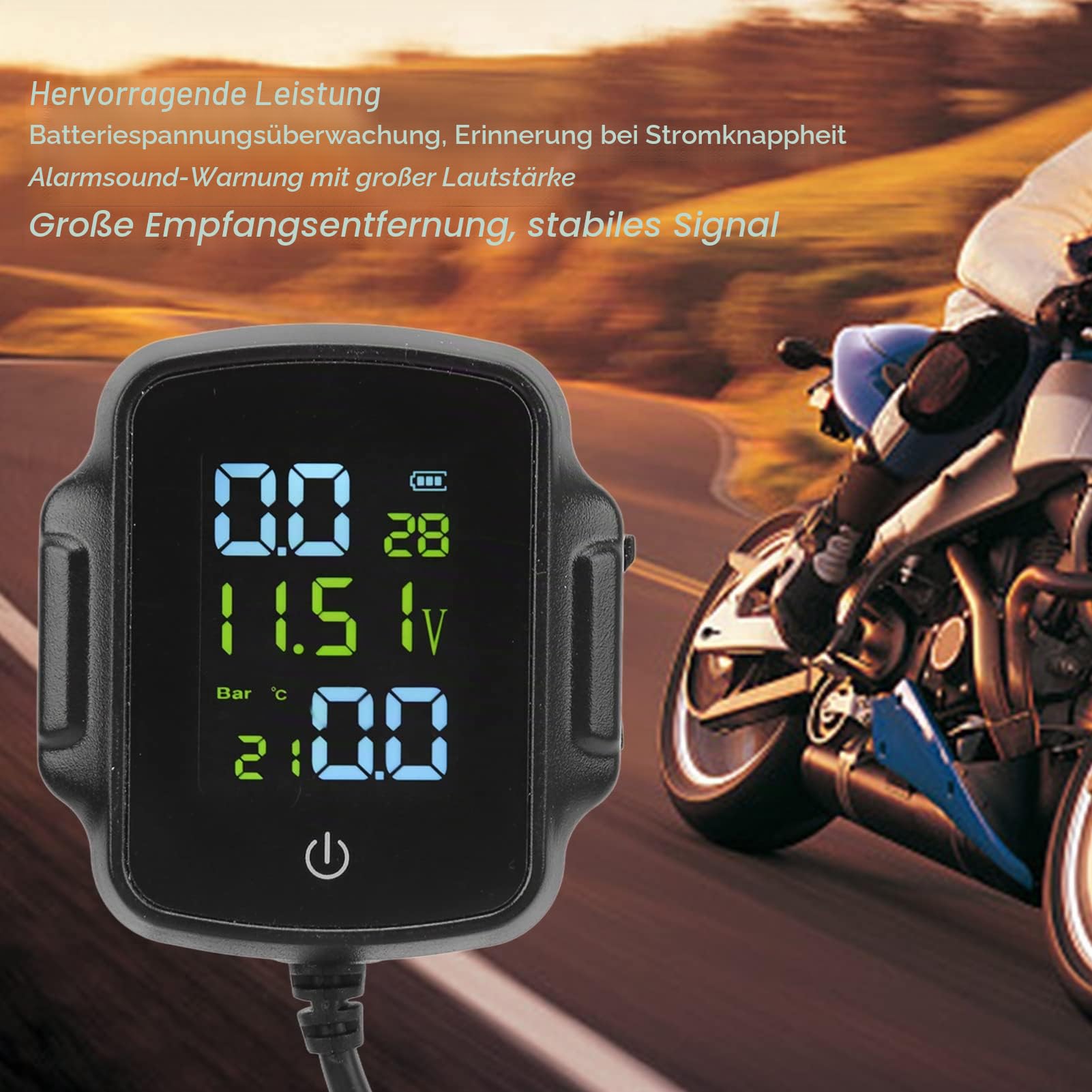 Reifendruckkontrollsystem für Motorräder mit 2 Externen Sensoren, TPMS, 12 V USB-Aufladung, Hochpräzises Display