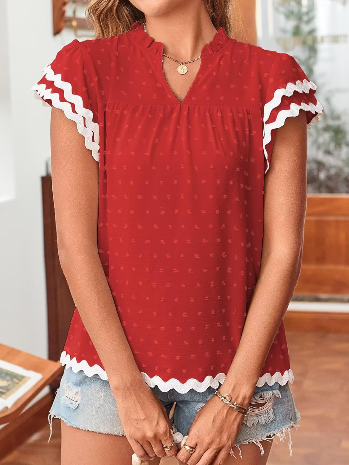 Womens Tops Summer Short Ruffle Sleeve V Neck Blouses Cute Boho Swiss Dot Lace Shirts Casual Flowy RIC Rac Trims Tee - Image 5