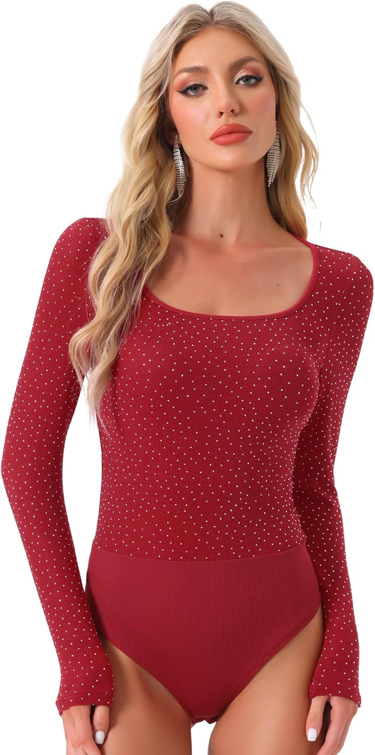 Allegra K Party Bodysuits for Women's Metallic Shiny Dots Square Neck Long Sleeve Top