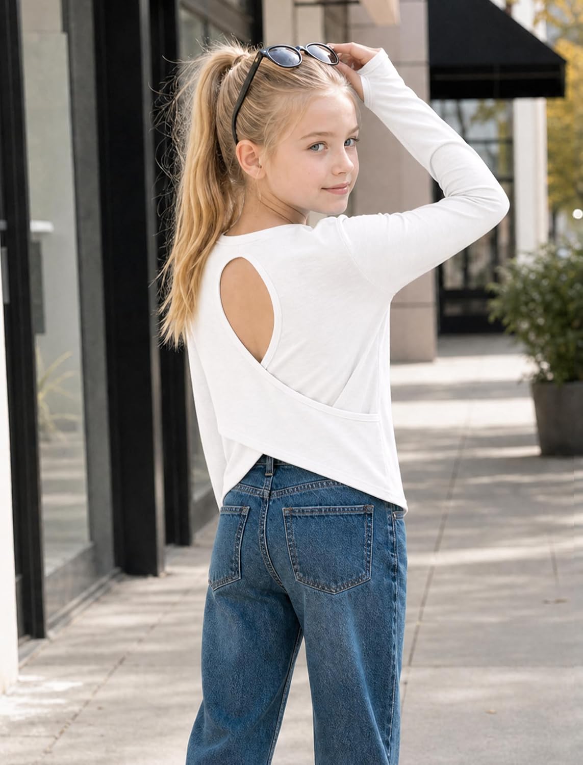 Wenlia Girls Long Sleeve Athletic Shirt Open Back Tops with Thumb Holes