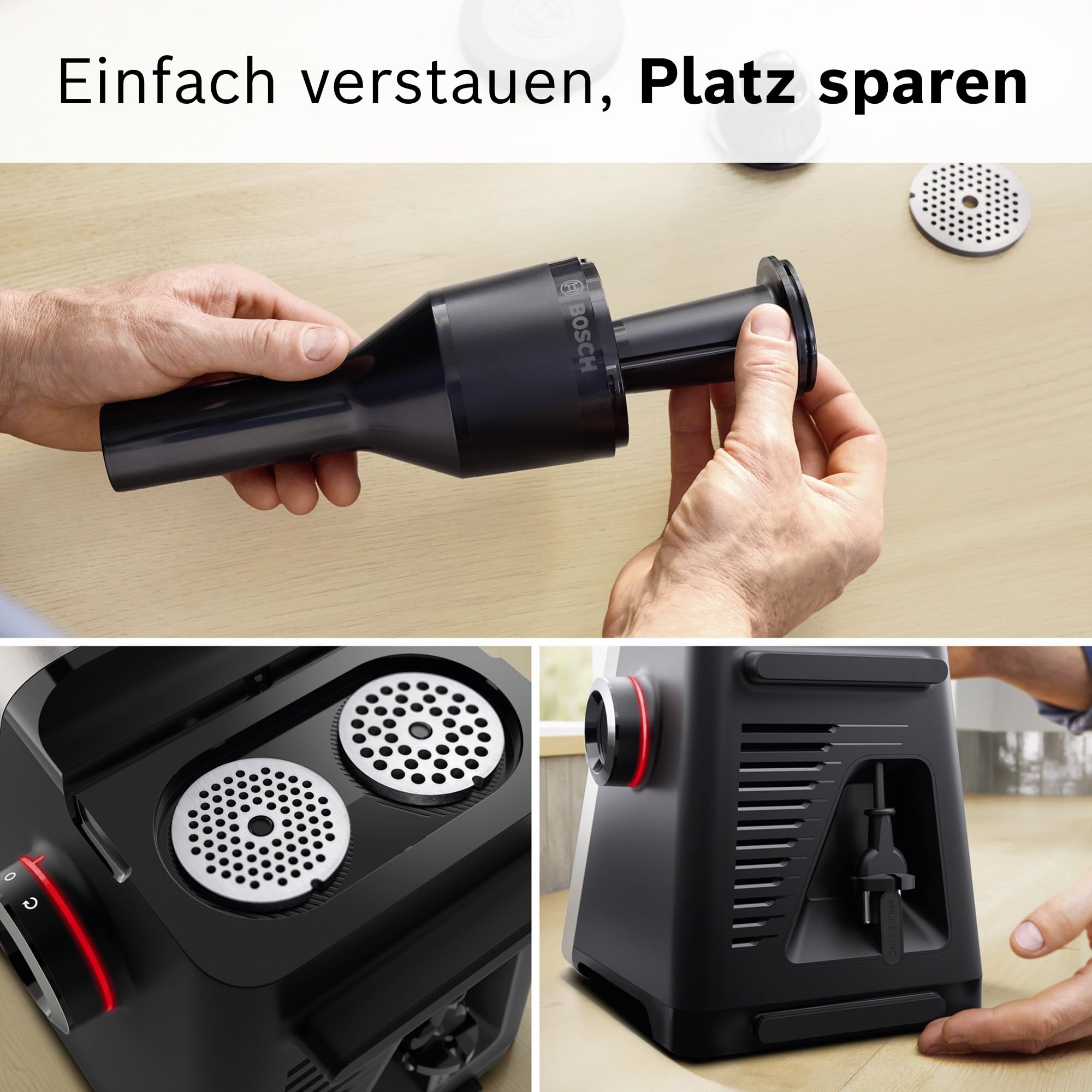 Bosch Fleischwolf Serie 8, 3 Lochscheiben (3/4,5 / 8mm), Edelstahl, spülmaschinenfest, Kebbe- & Wurst-Aufsatz, Durchlaufschnitzler, Motorblockleistung 2.500 W, elektrisch, MultiPower MFWS840M