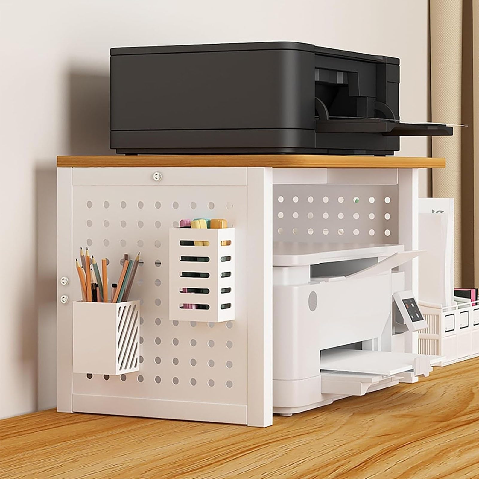 Supporto per stampante regolabile con pannelli forati, organizer da scrivania per ufficio e casa, finitura in legno naturale, adatto a stampanti e forniture per ufficio, 50 x 32 x 40 cm
