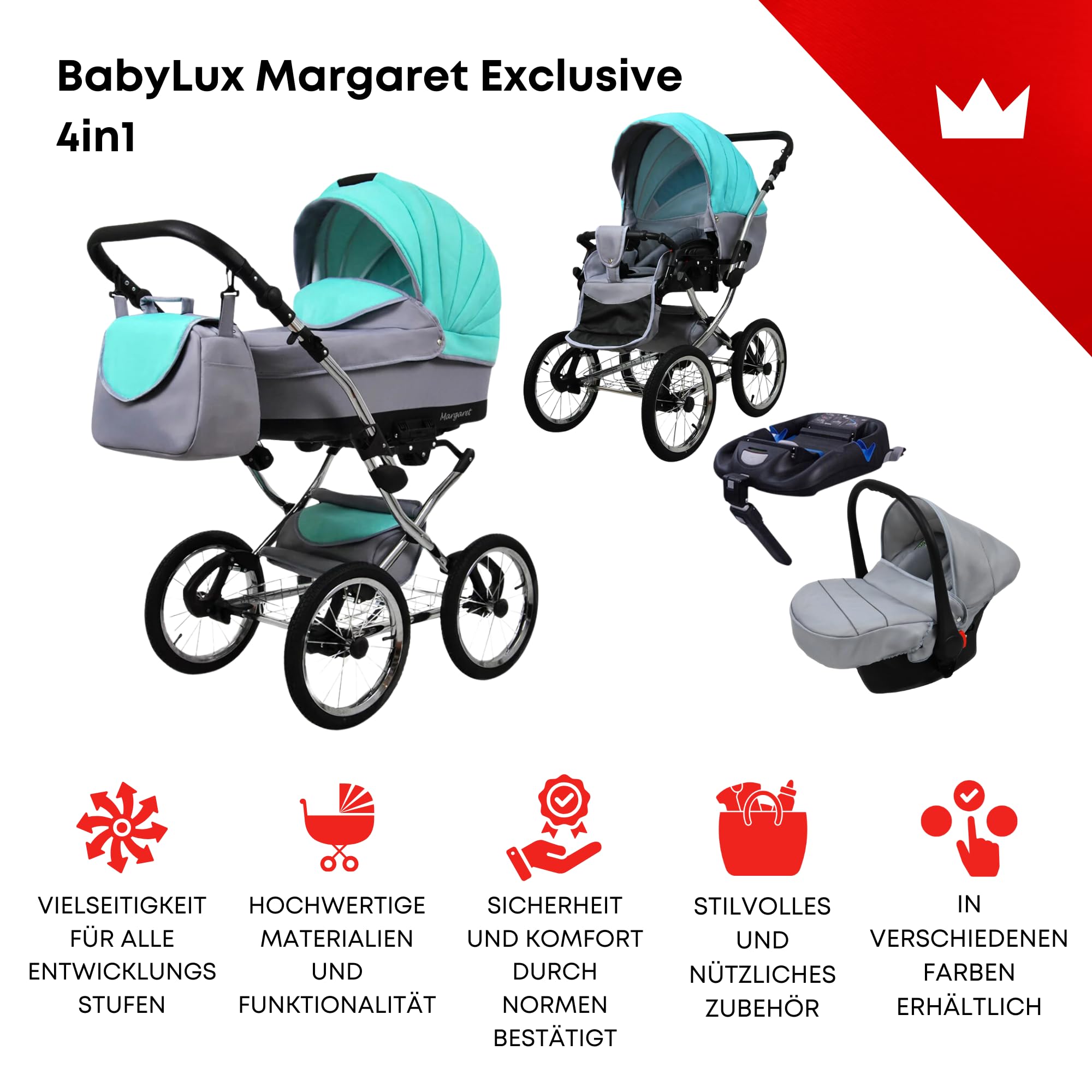 BabyLux Zestaw wózków dziecięcych 4 w 1 – Margaret Exclusive – w zestawie wanienka dla niemowląt, fotelik sportowy, fotelik samochodowy, stacja bazowa ISOFIX – fotelik samochodowy – zestaw wózków