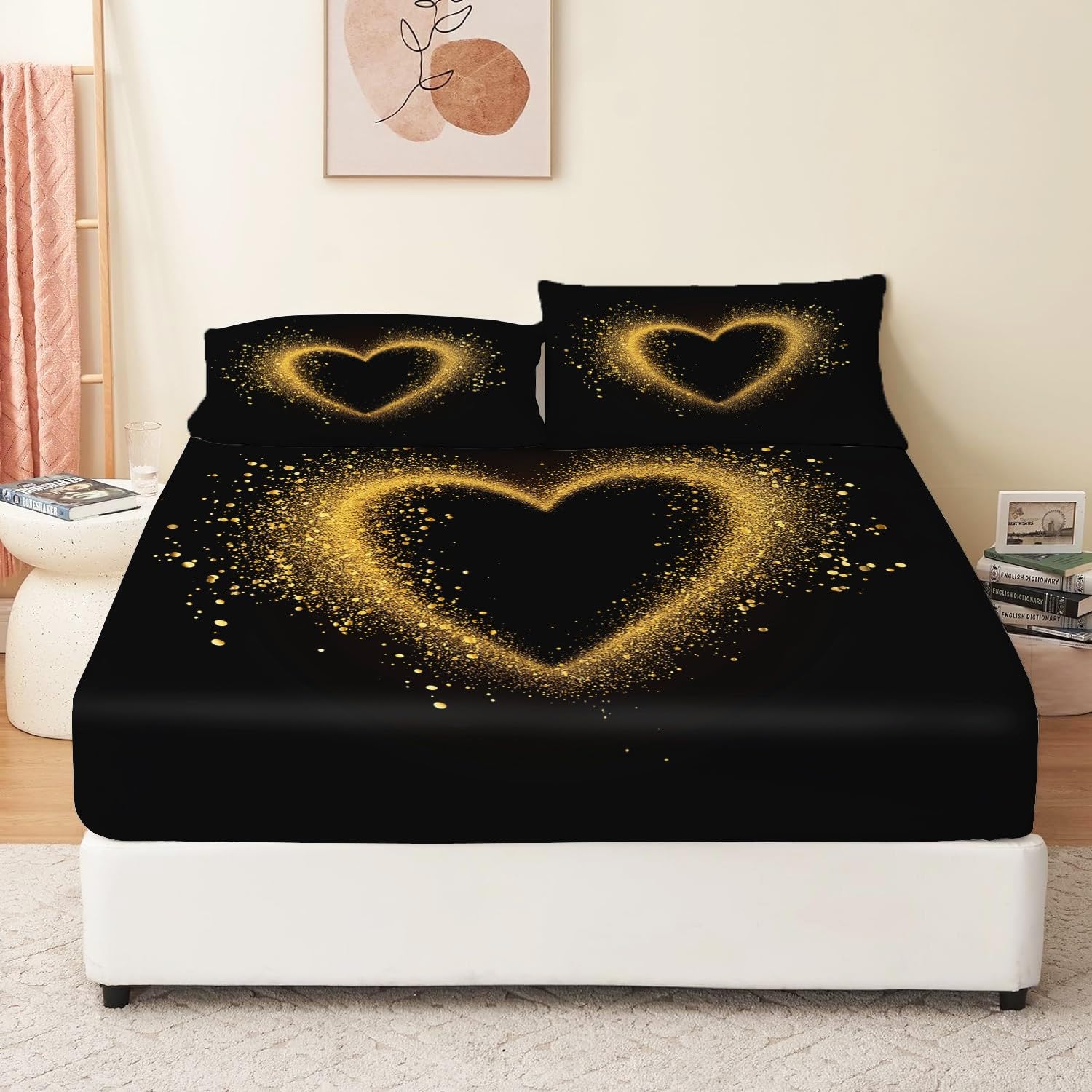 Weiches Atmungsaktives Spannbetttuch Goldglitzer-Herz 180 x 200 cm Mehrfarbig Bettwäsche-Sets für Kinder 100% Mikrofaser Spannbetttuch für Matratze bis 30 cm Hohe