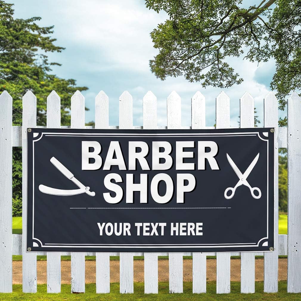 Custom Industrial Vinyl Banner Multiple Sizes Barber Shop Style D Personalized Text Here Business Outdoor Weatherproof Yard Signs Black 4 Grommets 16x40Inches