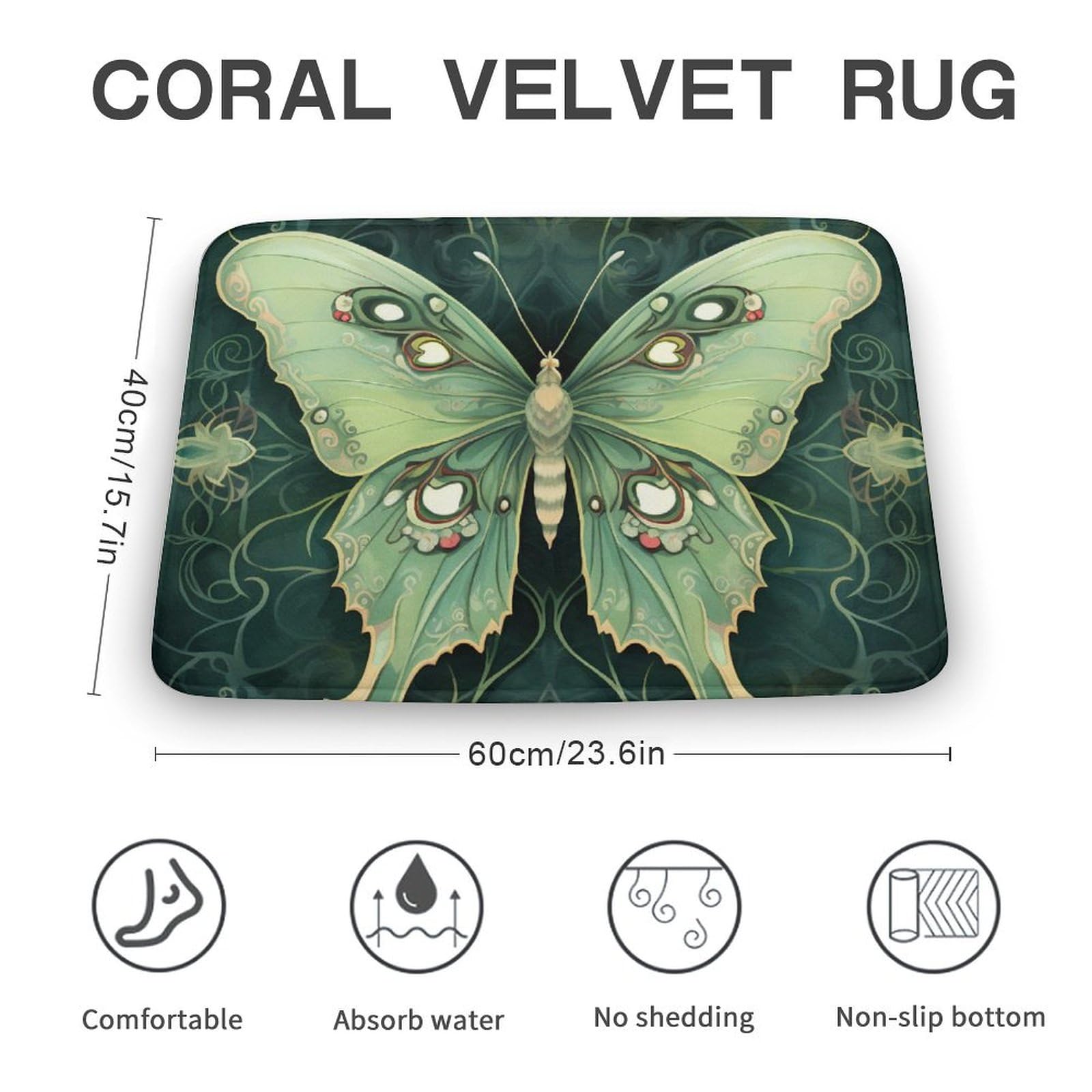 Damask Luna Moth Coral Velvet Rugs Non-Slip Bathroom Rugs Soft Kitchen Rug Floor Carpet for Home Decor 15.7