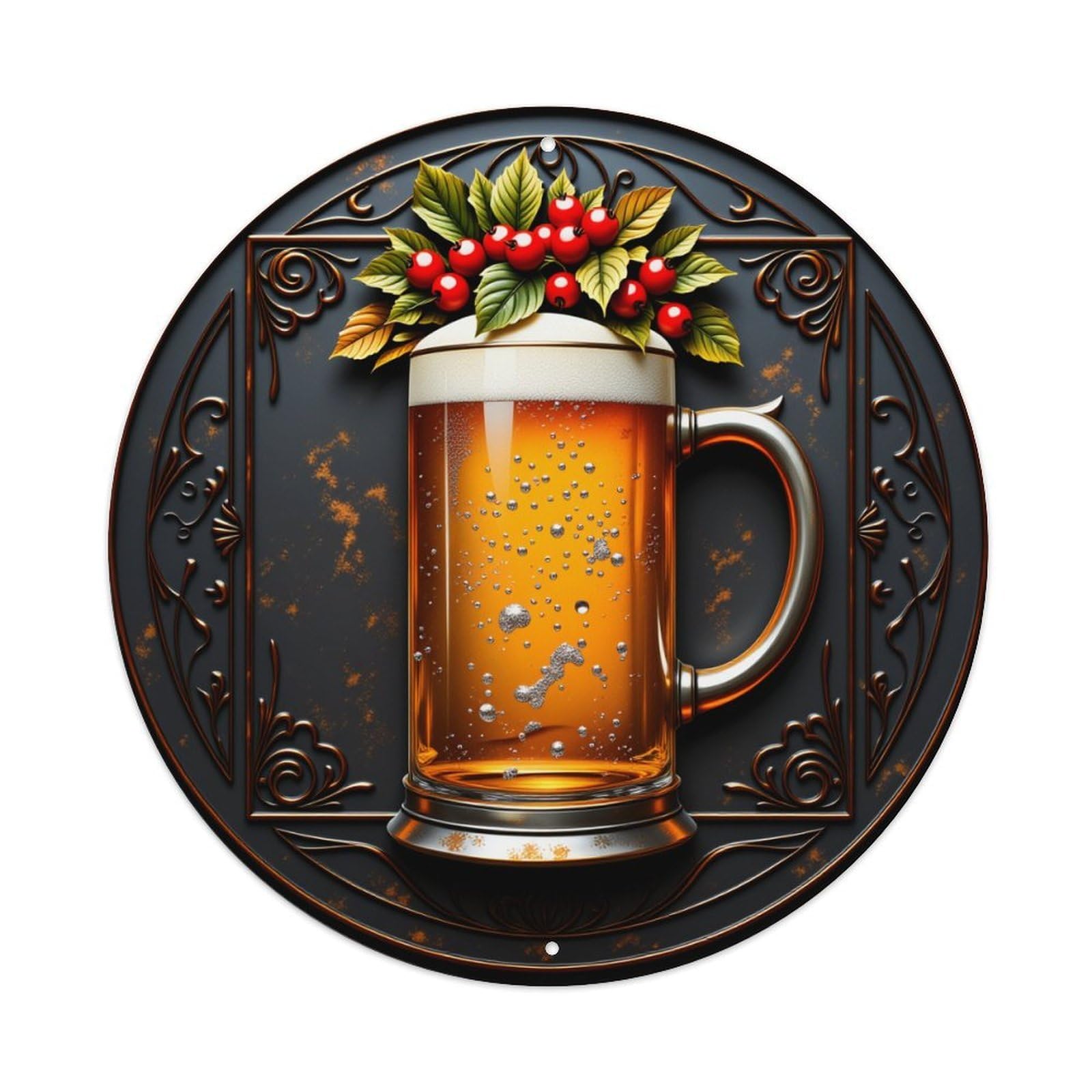 Beer Mug With Berries And Leaves Vintage Metal Tin Sign Retro Wall Decor for Home Bar Garage Cafe, Indoor & Outdoor Decorative，circle Metal Poster, 8x8 Inch