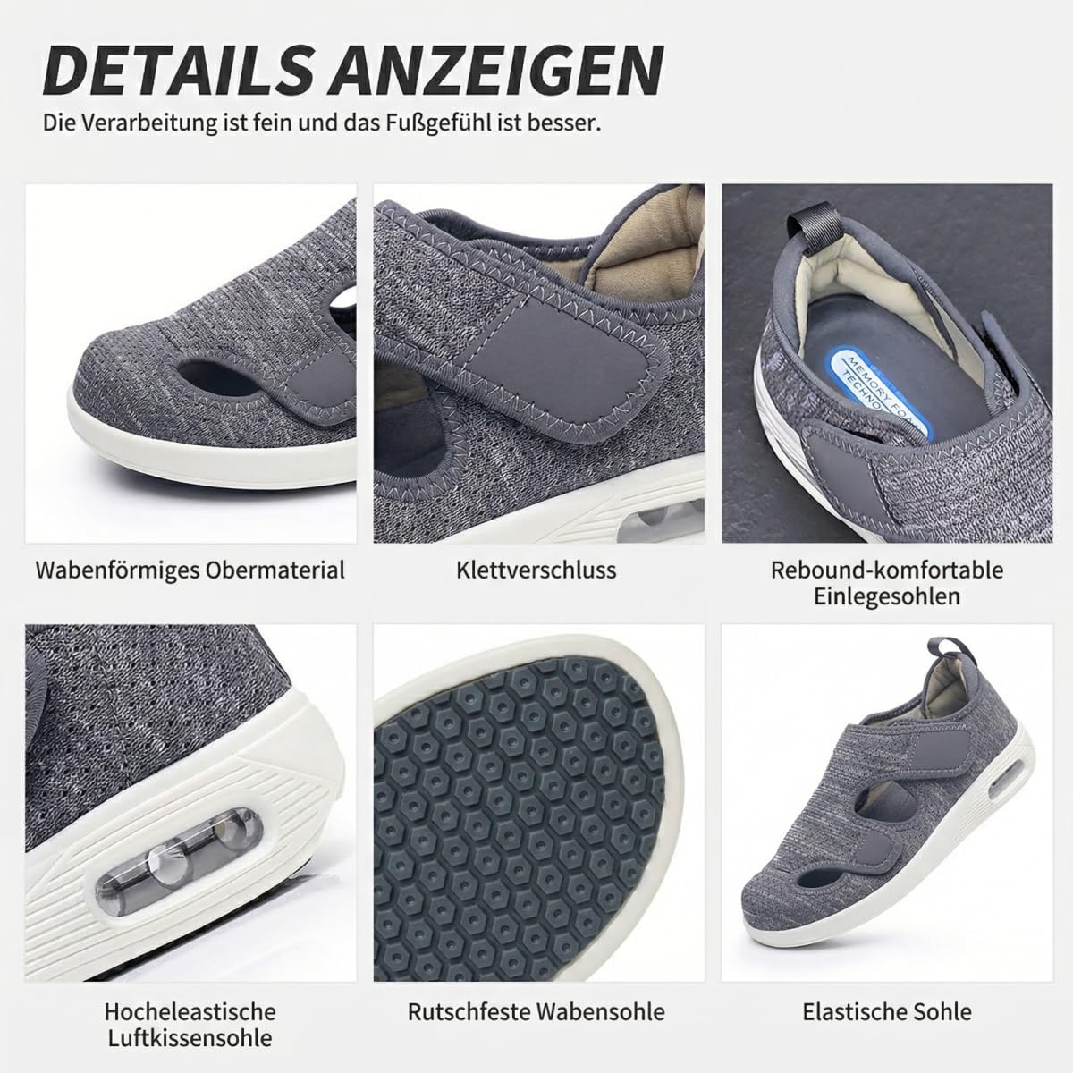 VibeCraft Diabetessandalen für Damen und Herren mit Klettverschluss, Druckentlastend und atmungsaktiv, Ideale Sandalen für geschwollene Füße und den täglichen Gebrauch