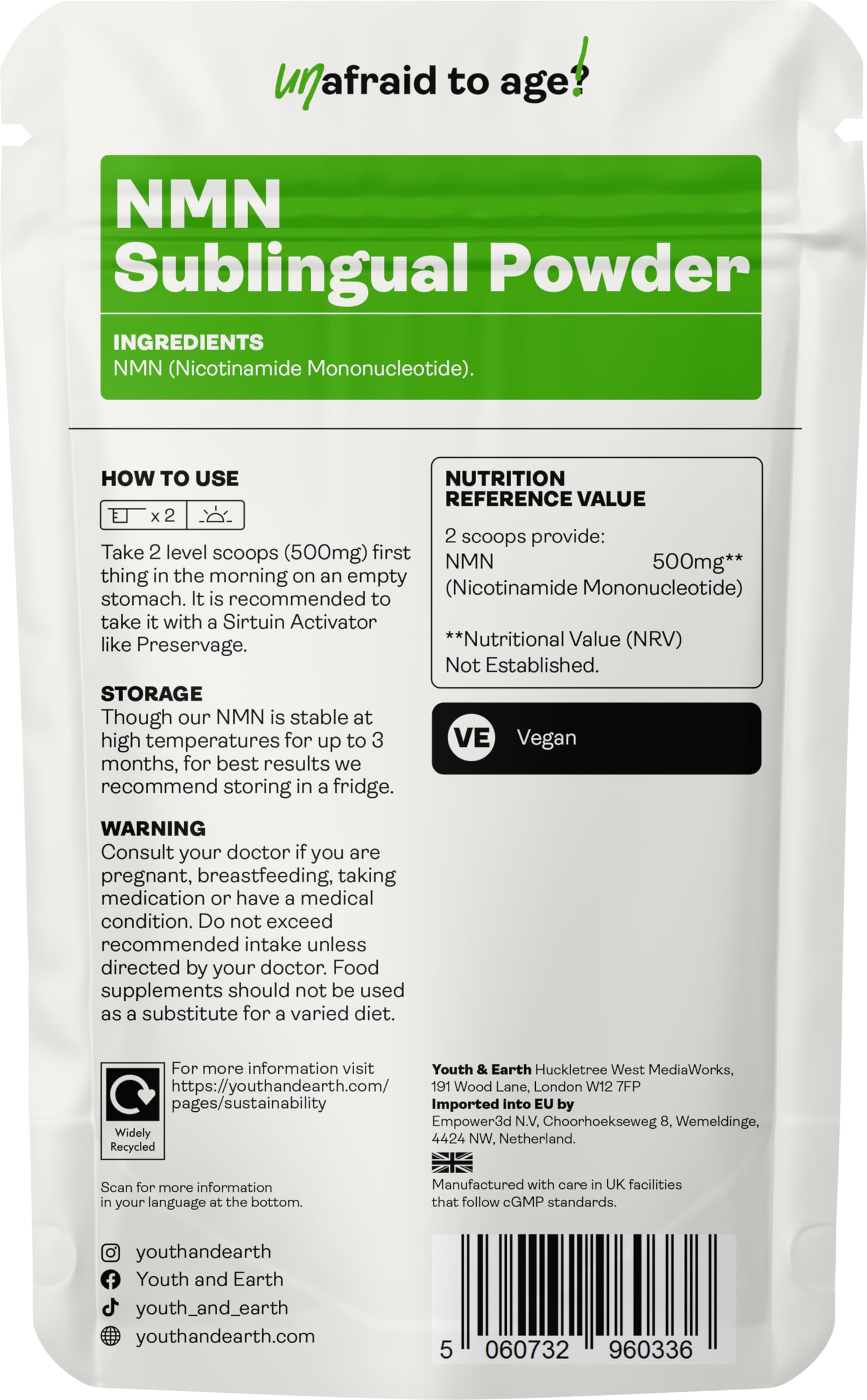 Youth & Earth NAD (Nicotinamide Mononucleotide) polvere sublinguale 15g (30-60 dosi) potenziatore