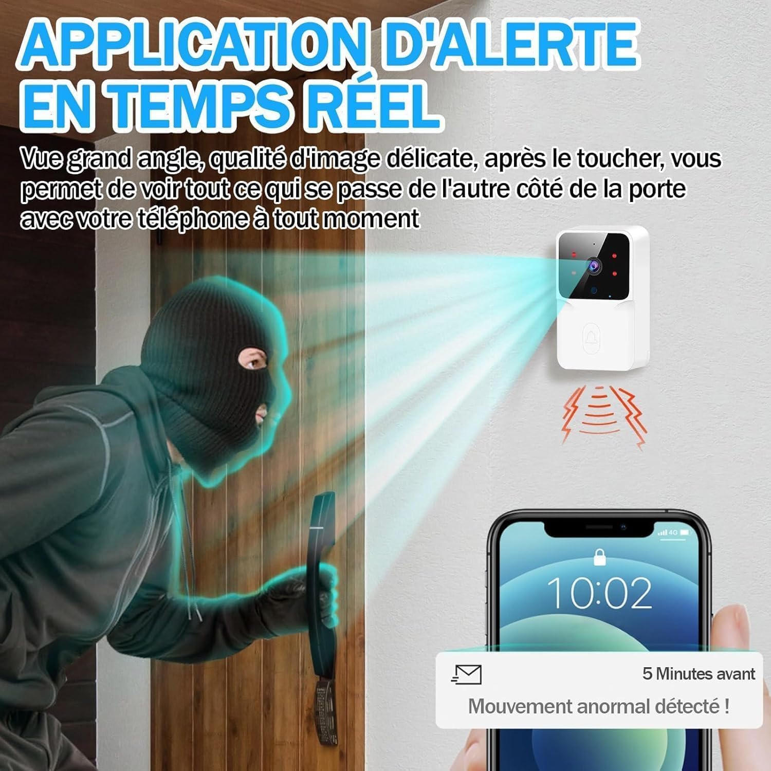 Sonnette sans Fil avec Caméra 1080p, Surveillance Vision Nocturne HD, Interphone Domicile Audio Bidirectionnel