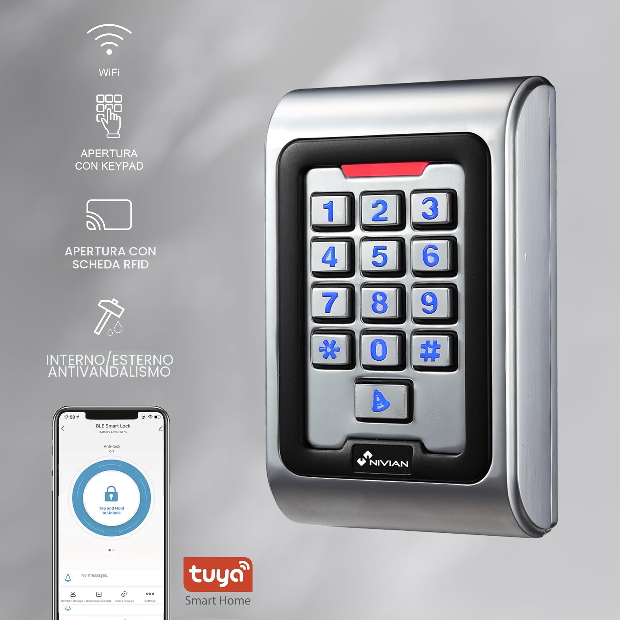 Controllo accesso autonomo NIVIAN Accesso tramite scheda EM, Pin e App Uscita relè, pulsante e campanello Wiegand 26 e WiFi | Controllo dei tempi App Tuya Smart per la gestione e le aperture