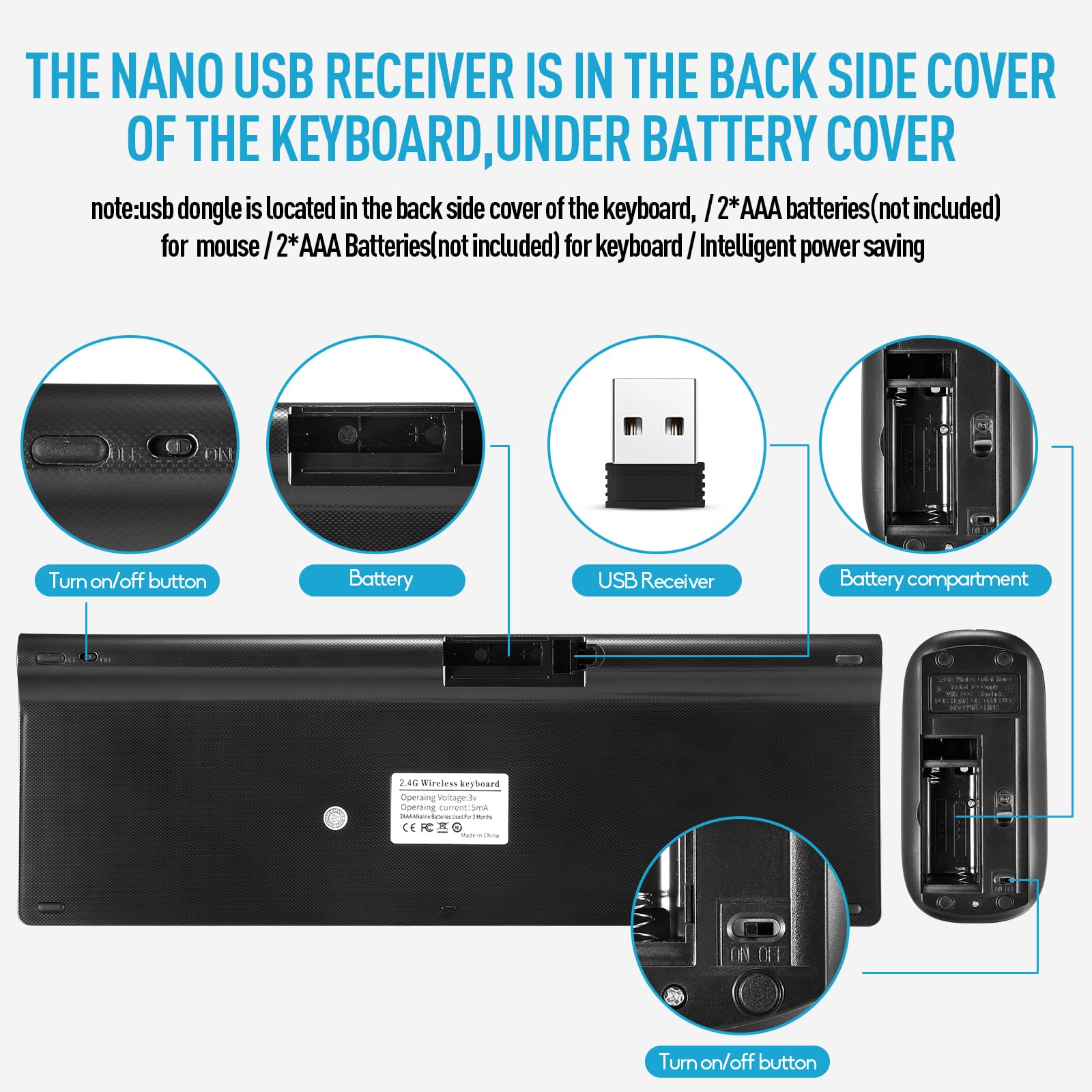 Kabellose, leise, leichte Tastatur und Maus, ultradünn, 2,4 G, USB, leise, kompakt, Scherenschalter, Tastatur-Maus-Set mit Abdeckung, 2 AA- und 2 AAA-Batterien, für Laptop/PC/Windows – Grau + Schwarz