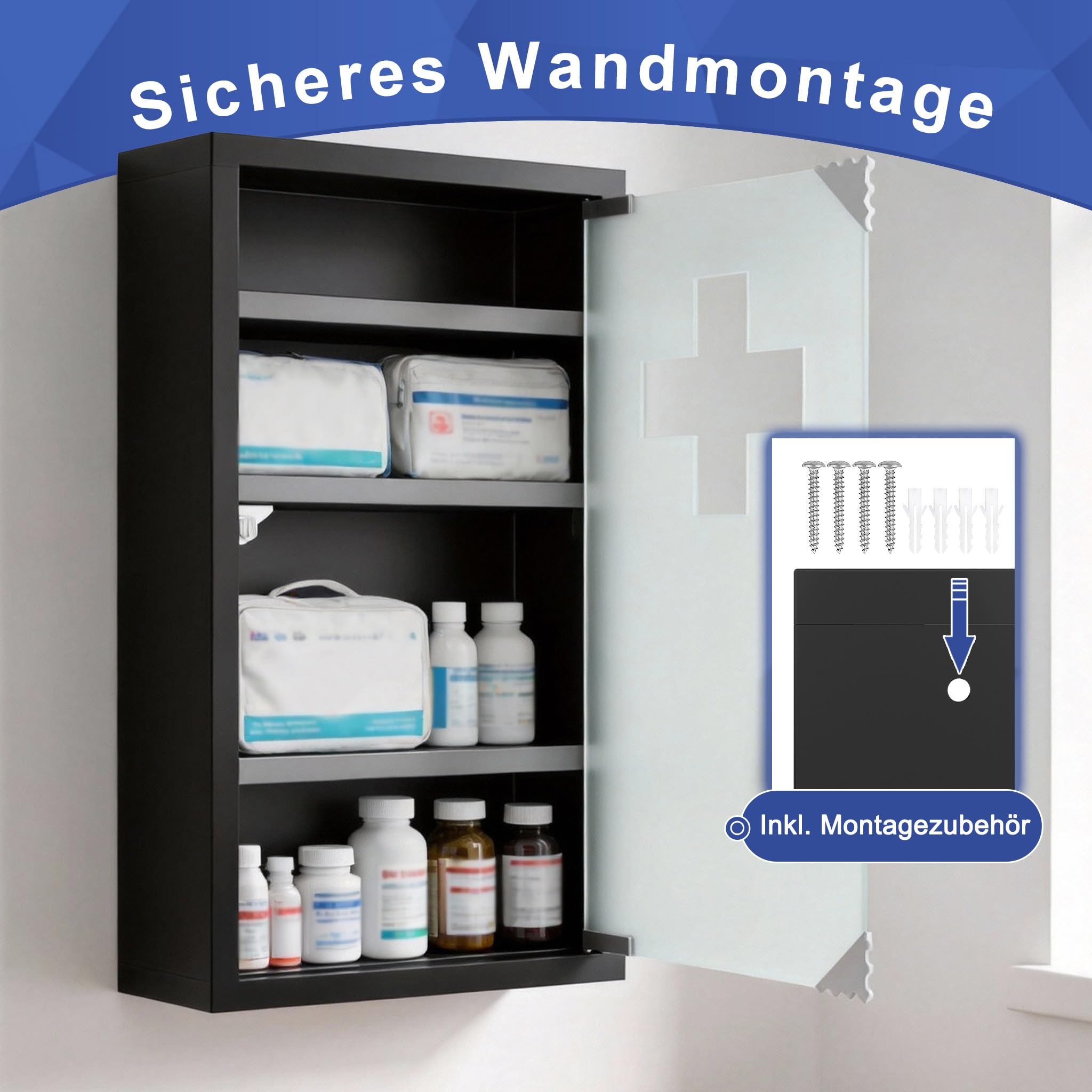 AufuN Armoire à pharmacie en acier inoxydable avec porte en verre, de nombreux compartiments pour la maison (4 compartiments, noir)