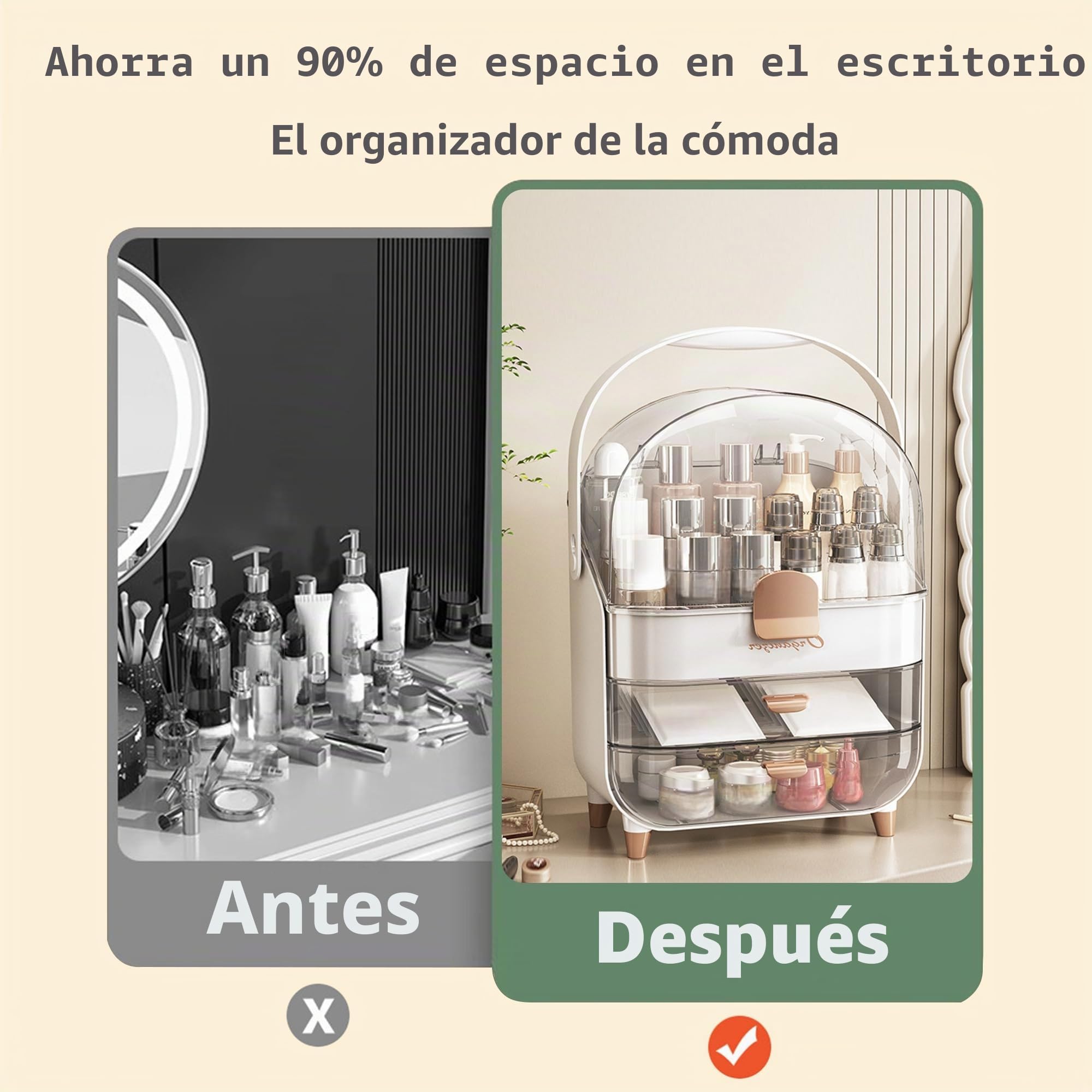 Organizador de Maquillaje Elegante Caja Maquillaje Beauty Organizer con Asa y Tapa Transparente Soporte Almacenamiento Cosmeticos con Cajones Makeup Skincare Expositor de Plástico