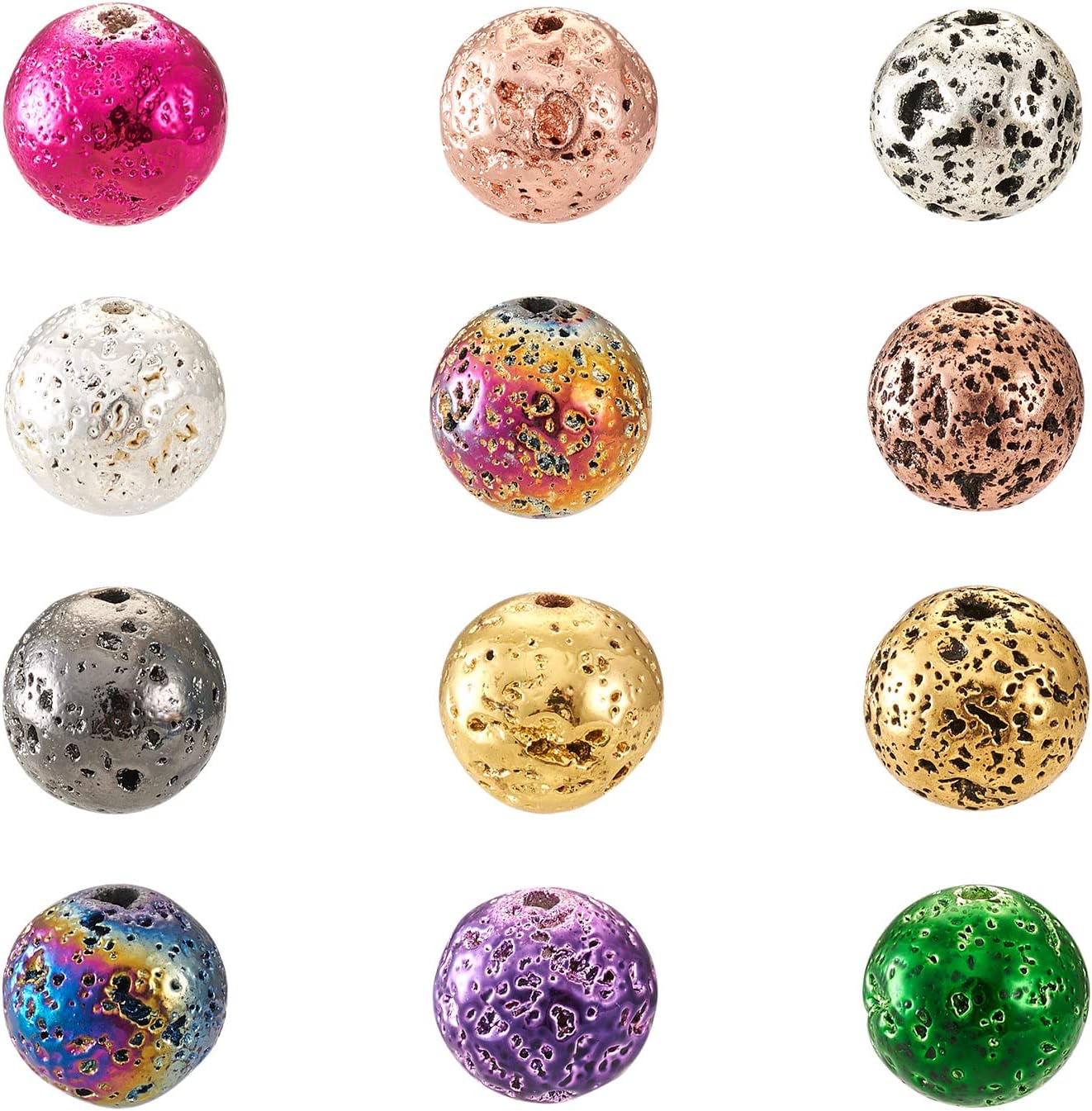 Craftdady 120pcs Natural Round Lava Stone Beads 10-11mm Volcanic Rock Gemstone Loose Beads Metallic Energy Healing Chakra Beads for Jewelry Craft Essential Oil Bracelet, 12 Colors