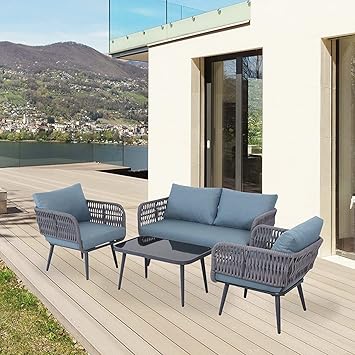DRX Outdoor Patio Furniture Set 4-Piece Waterproof Weaving Rope Outdoor Sofa Set with Powder-Coated Iron Conversation Bistro Set for Balcony, Lawn, Garden,Couch, Terrace, Backyard (Grey & Blue)