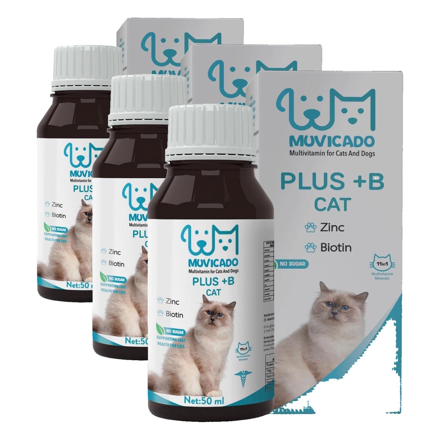 Muvicado Kedi Tüy Sağlığı Damlası Plus +B Kediler İçin Tüy ve Tırnak Sağlığını Destekleyen Multivitamin 50ML (3 paketi)