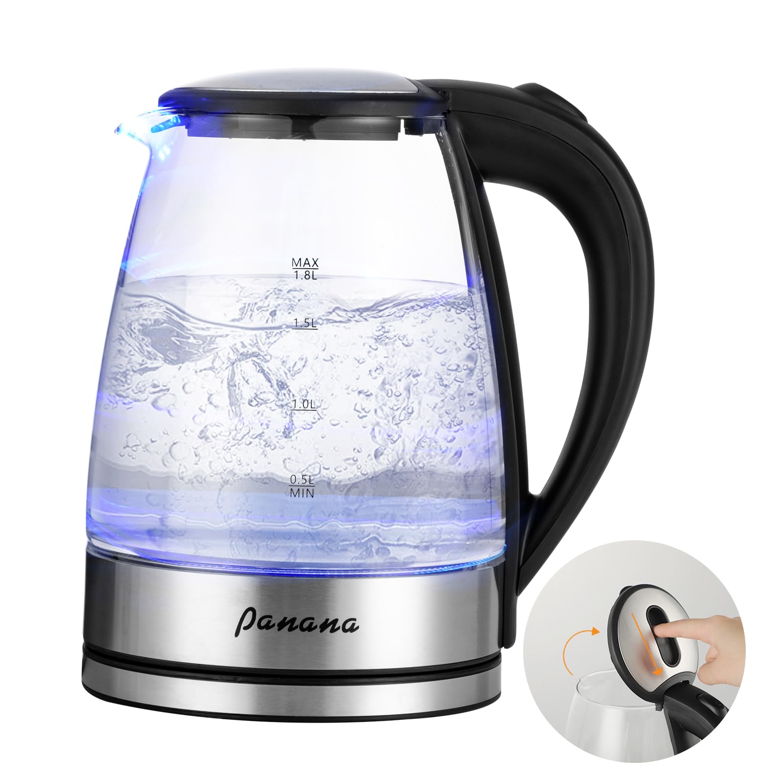 Panana Electric Kettle, 1.8L Glass Kettle, Fast Boil with Blue LED Indicator, Internal Filter, Auto Shut-off, Boil-Dry Protection, BPA Free