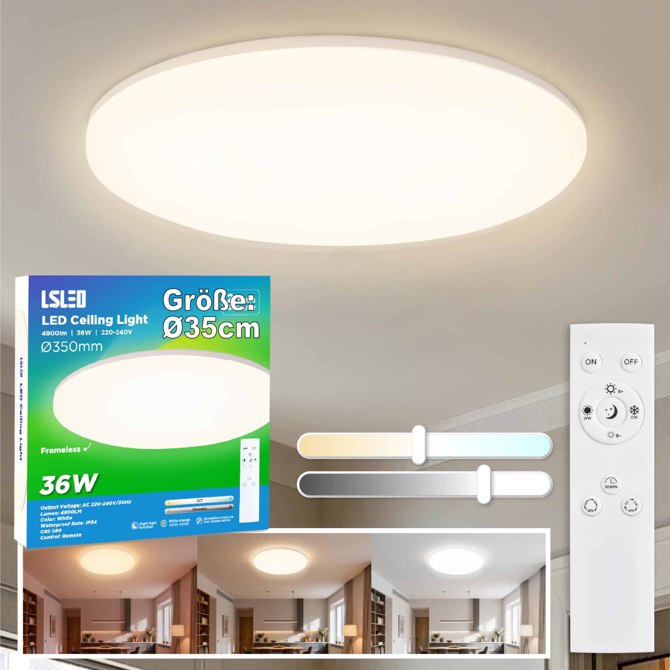 L5L3D LED Deckenleuchte mit Fernbedienung, Φ35CM 36W 4900LM CCT 3000K/4000K/6500K IP54 Wasserdicht Rahmenloses Küchelampe Deckenlampe Panel für Schlafzimmer Wohnzimmer Badezimmer Keller, Weiß