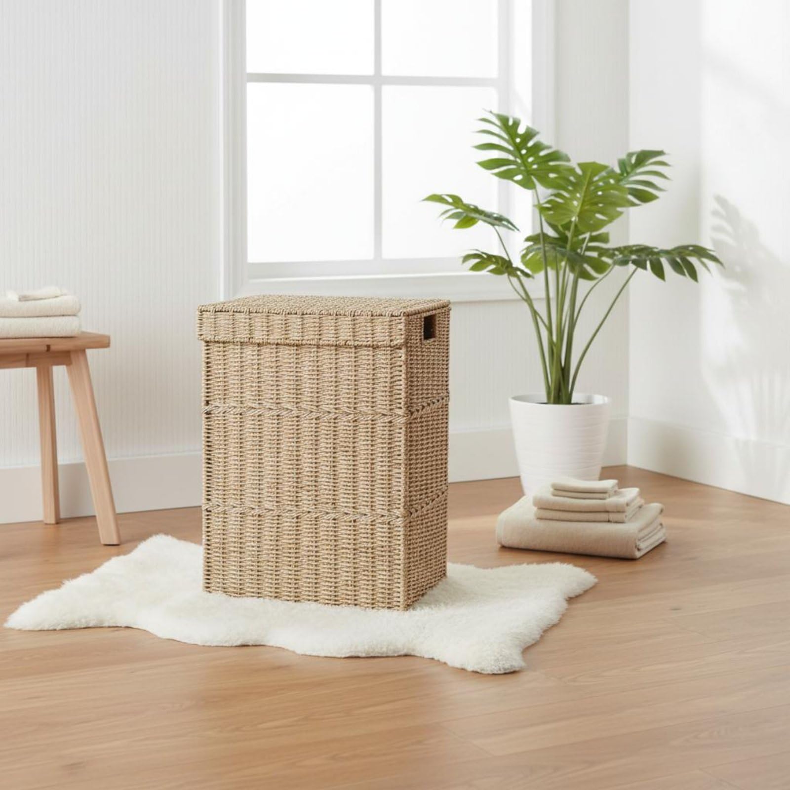 2 Stück Wäschekorb mit Deckel geflechtetes Rattan-Designoptik Aufbewahrungskorb dekorativ Aufbewahrungsbox, Set Aus 2 Wäschekörben Klein + Groß