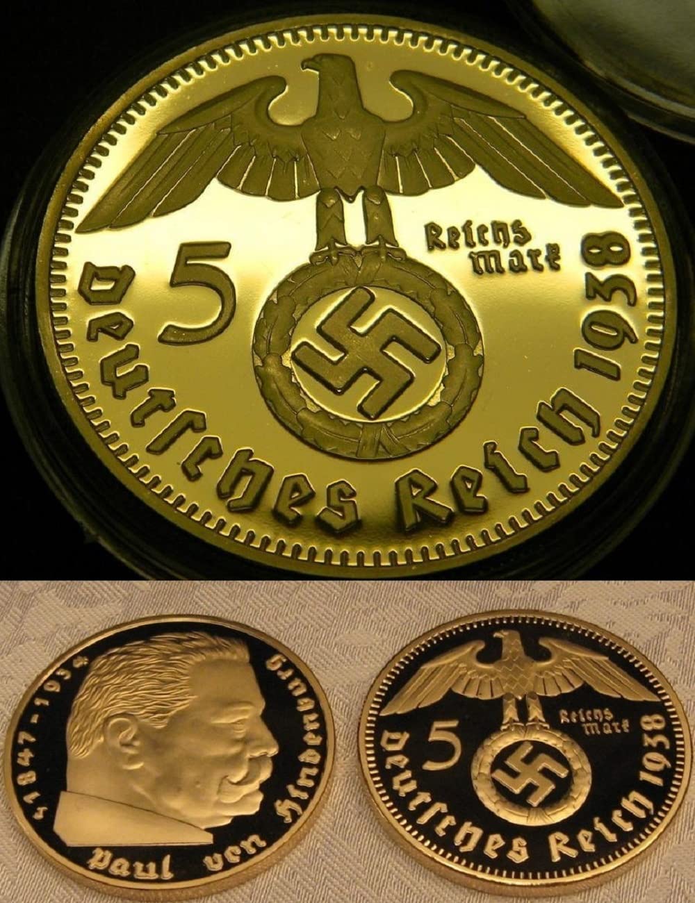 GOLD MINT 1936 Germany 3rd Reich Regime Swastika Eagle - Hindeburg 1Oz Huge 24kt Gold Plated 5 Reichsmark Restrike Copy Big WWII Token Coin