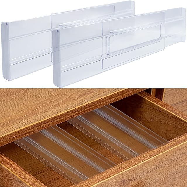 MiDoDo 2 Pack Drawer Dividers Organizers Adjustable 3.2" High Expandable from 11-20" Kitchen Drawer Separator Clear Plastic Drawers Separators for Clothing Kitchen Utensils Makeup Office Storage