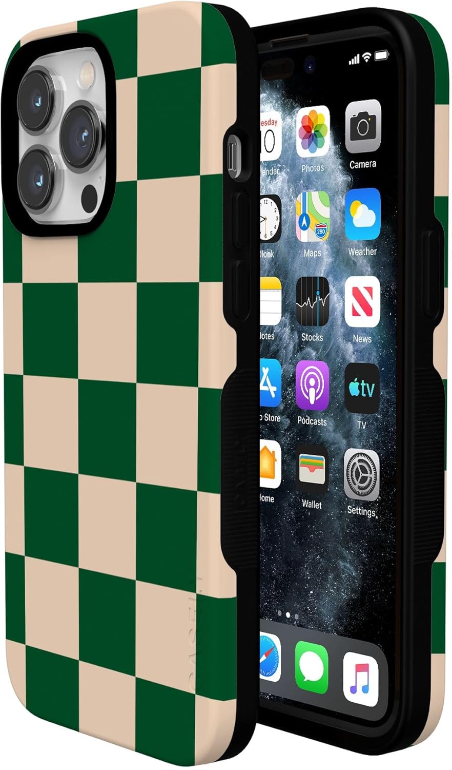 Casely iPhone 14 Pro Max Case | Fit Check | Green Checkerboard | Bold Protective Design | Compatible with MagSafe