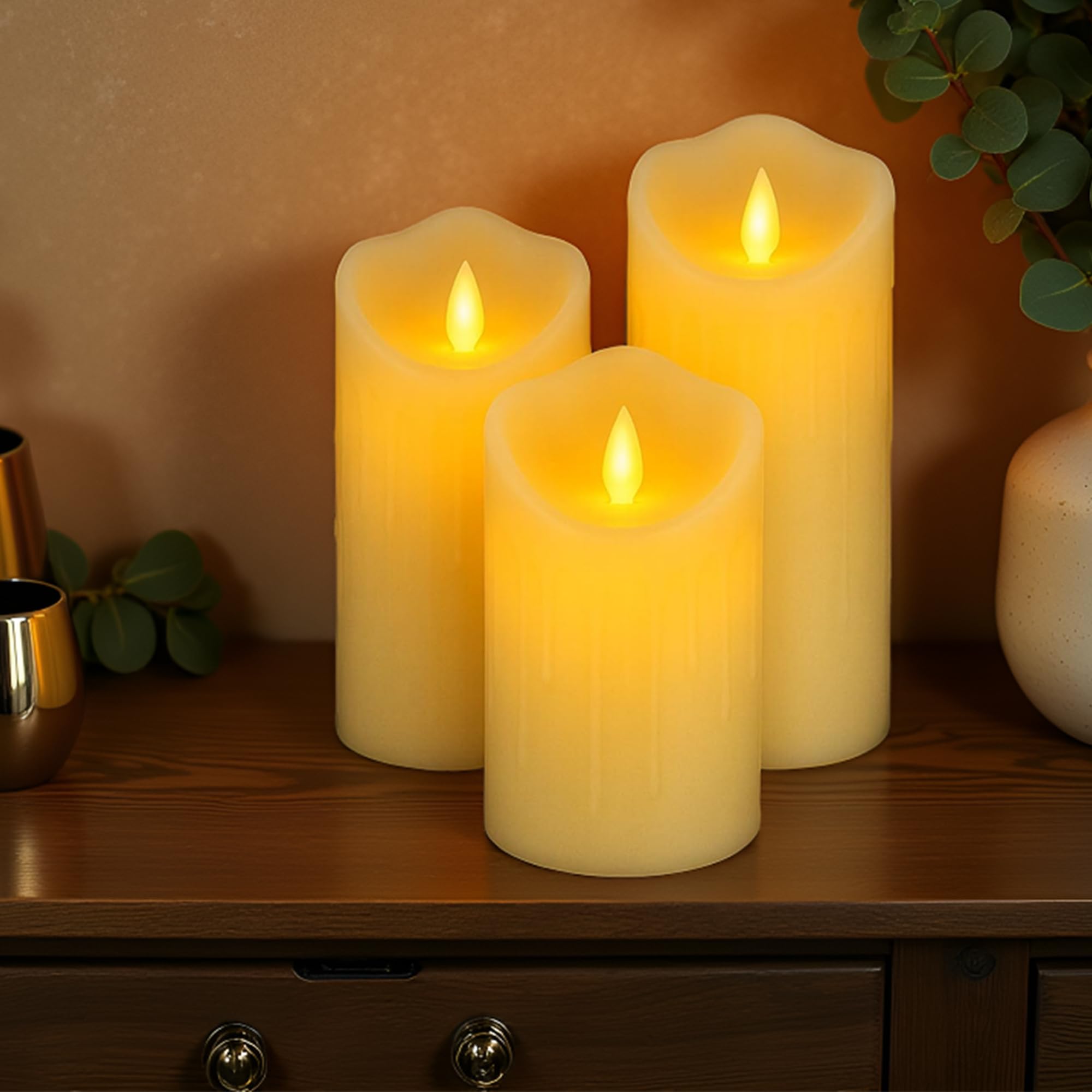 coku Dripping LED Pillar Candles Set of 3 | Flameless Smokeless Battery Operated Realistic Flickering Warm White Lights | Smooth Ivory Candles for Home Decor, Diwali, Christmas & Gifts-image-22